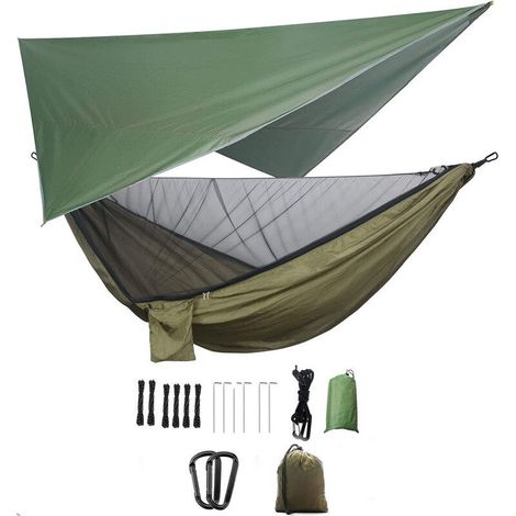 Hängematte Für Camping – Doppel-hängematte Mit Mückennetz, Regenabdeckung – Hochfestes Fallschirmgewebe – Geeignet Für Outdoor, Wandern, Camping Und Reisen