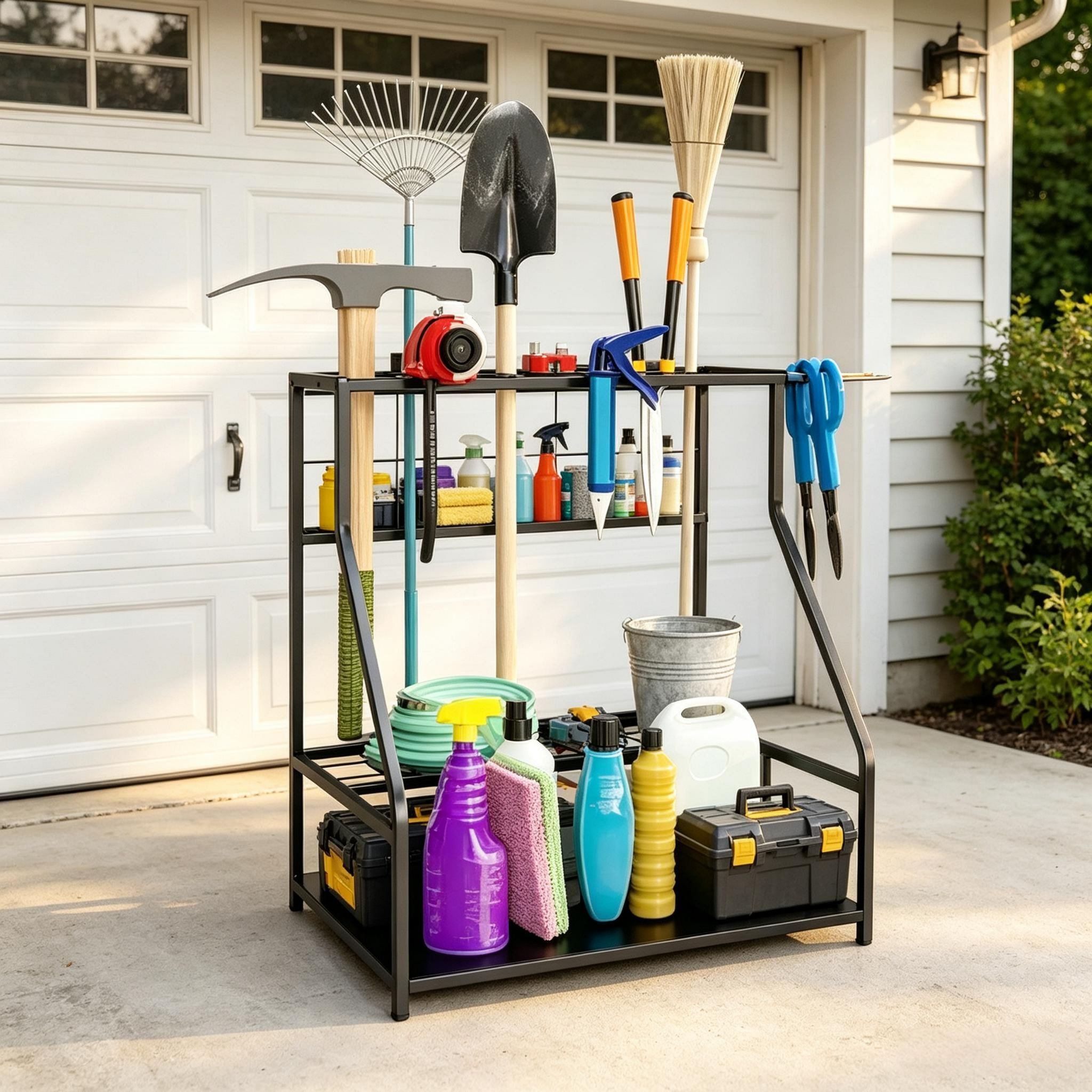 Gartenwerkzeug‑organizer, 3‑stufiger Garagen‑werkzeughalter Mit Haken Zur Wandaufbewahrung Von Garten‑ Und