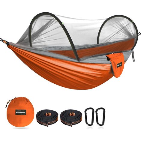 Ultraleichtes Naturefun Camping-hängematte Mit Moskitonetz, Tragfähigkeit 300 Kg, Atmungsaktives Und Schnell Trocknendes Fallschirmnylon, 2 Hochwertige Karabiner, 2 Nylonbänder, Orange