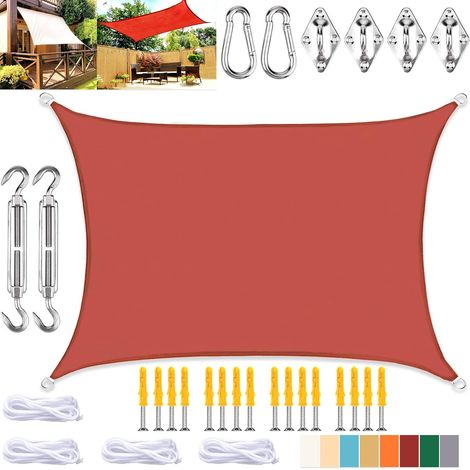 Rechteckiger Sonnensegel, Wasserdichtes Tuch Mit Uv-schutz Und Befestigungsset, Für Terrasse Und Garten, Rostrot, 2 X 3 M