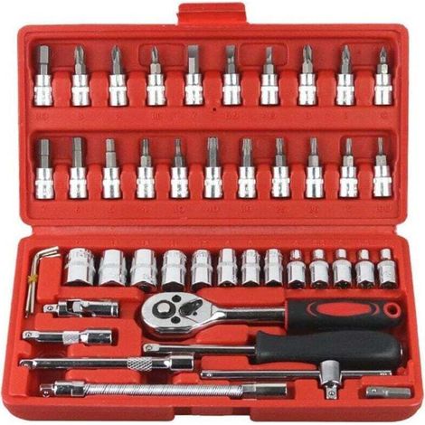46-teiliger Umschaltknarren-ratschenkasten Mit 1/4 Zoll Nüssen, Metrischen Steckschlüsseln Und Verlängerung Für Autoreparaturen Und Haushaltsaufgaben