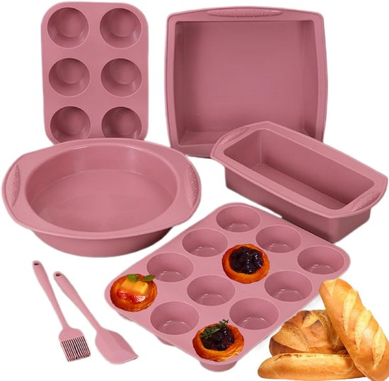 7-teiliges Backformen-set – Ideal Für Kuchen, Brot, Muffins Und Cupcakes – Runde, Quadratische Und Kastenform – Rosa