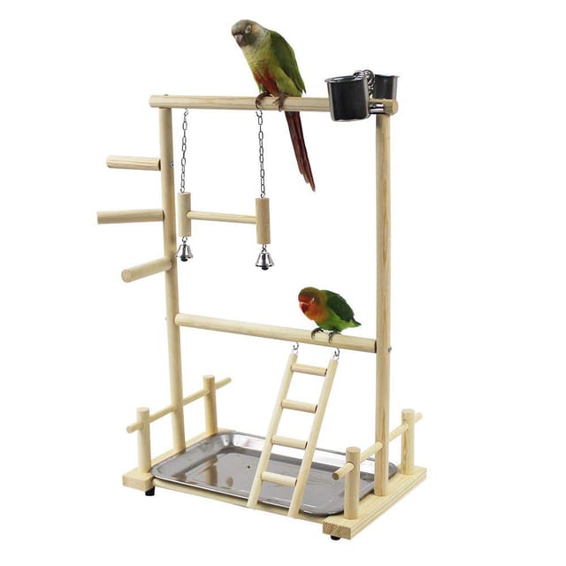 Zweistöckiger Vogelsitz Aus Holz Mit Leiter, Schaukel Und Glöckchen – Sportliches Vogelspielzeug