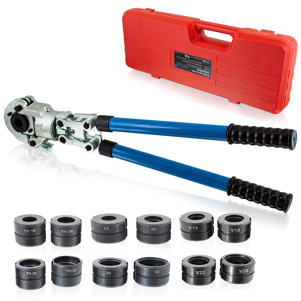 Rohrpresszange 60 Kn Mit Th-, V- & U-pressbacken - Verstellbare Presszange Für Pex- Und Pe-x-rohre Ø 16-32 Mm, 360° Drehbarer Kopf, Inklusive Kunststoffkoffer