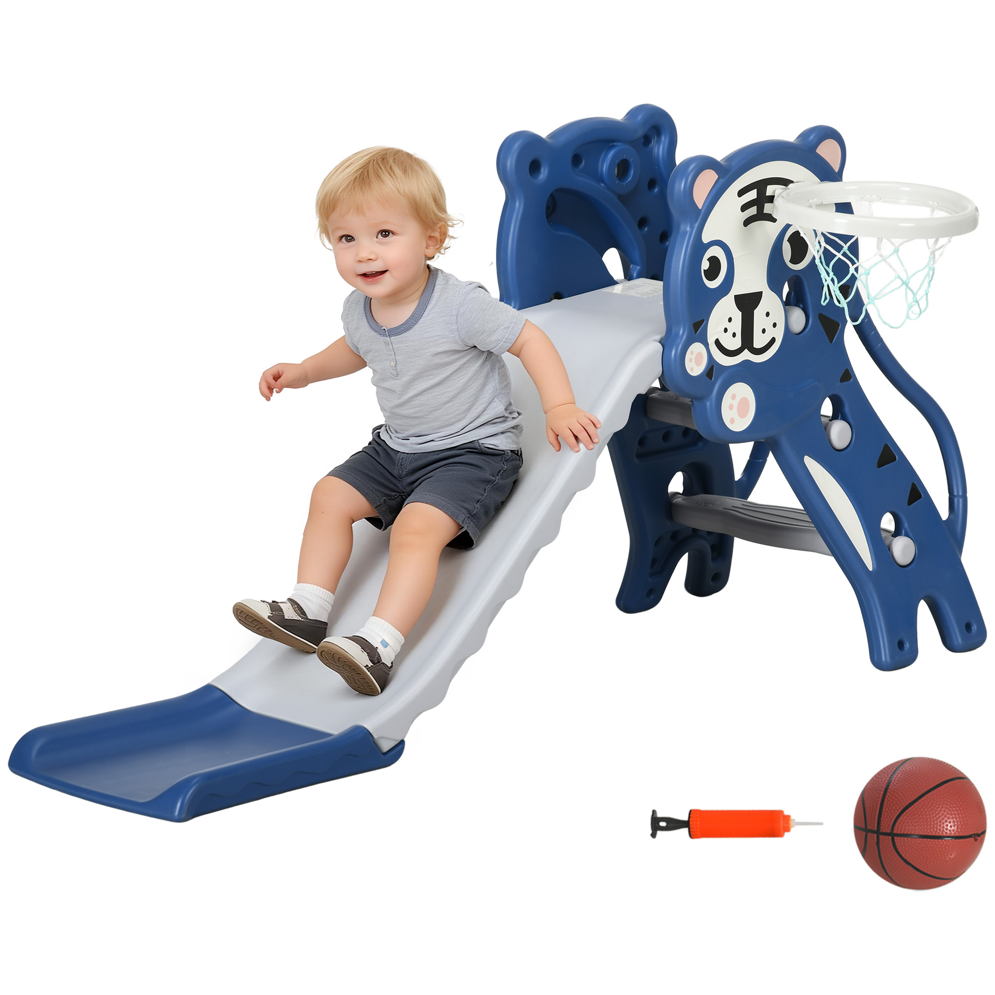 In 1 Kinderrutsche Mit Klettergerüst Basketballkorb Kleinkindrutsche, Cartoon-design Ür Kleinkinder 18-36 Monaten Blau