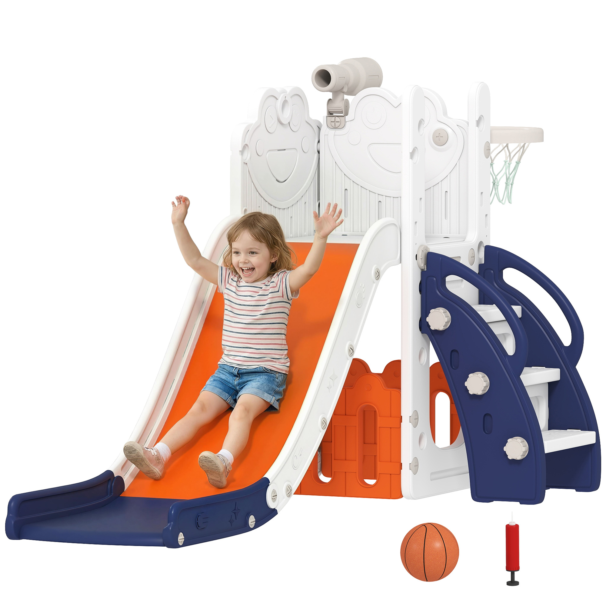 5-in-1 Kinderrutschenset, Teleskop, Basketballkorb, Kunststoff, Orange+dunkelblau