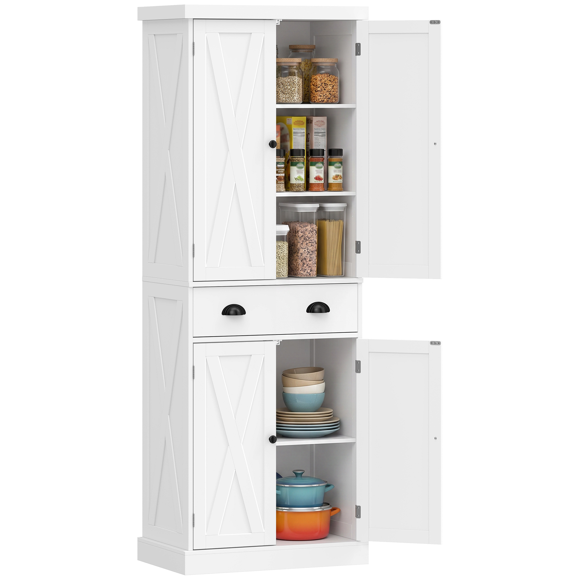 Hohes Küchenbuffet Mit 4 Türen Und Schublade, 62 X 38 X 173 Cm, Weiß