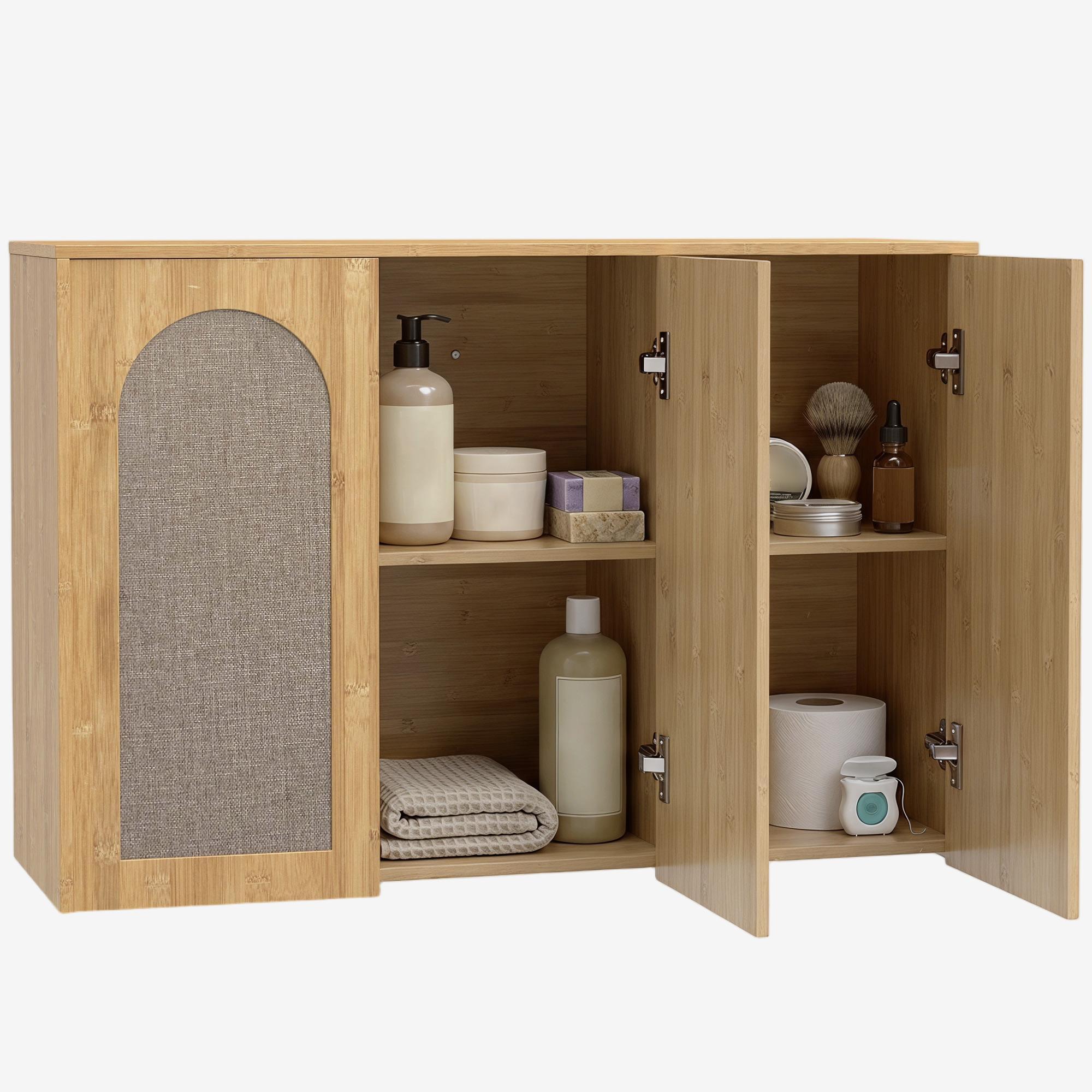 Wandschrank Im Böhmischen Stil Fürs Badezimmer Mit 3 Türen In Rattanoptik Mit Soft-close-mechanismus Und Verstellbarem Einlegeboden, Eiche