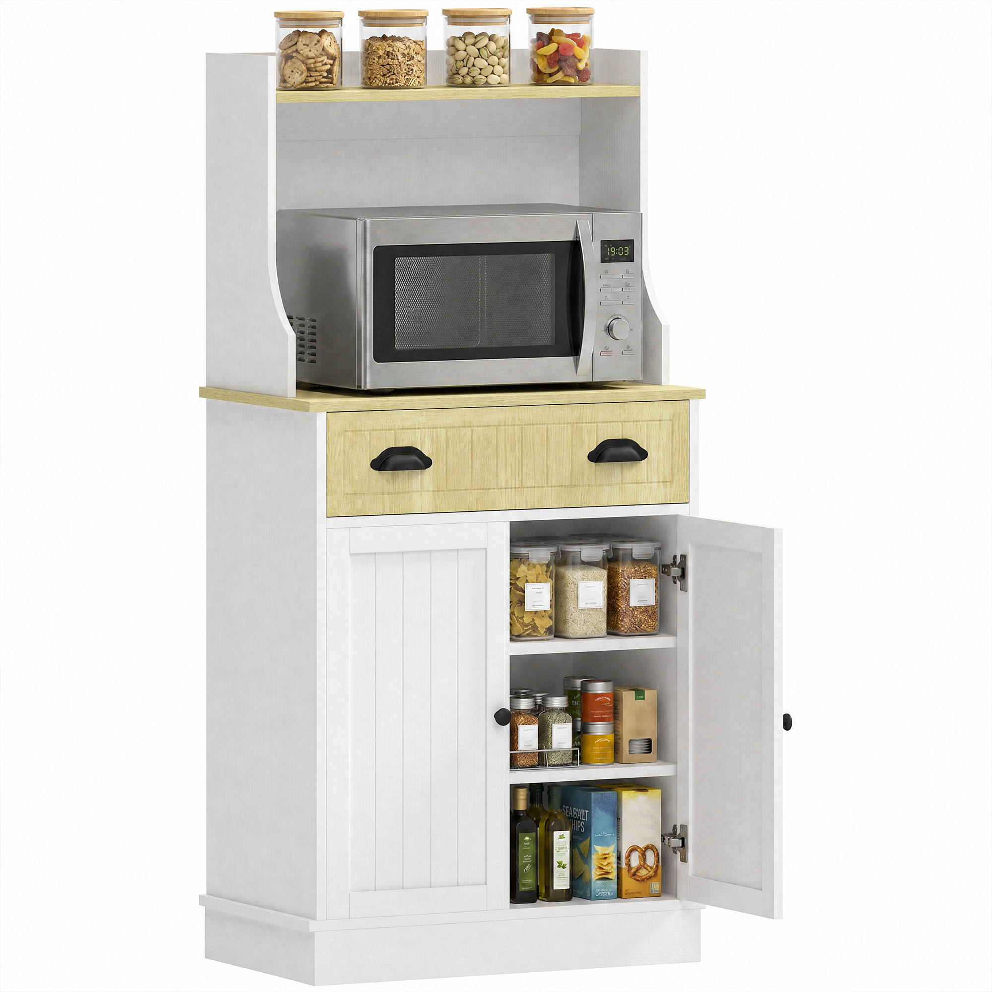 Mikrowellenschrank Für Offene Küchen, 1 Schublade Und 2-türiger Schrank, 61 X 35 X 125,4 Cm, Eiche