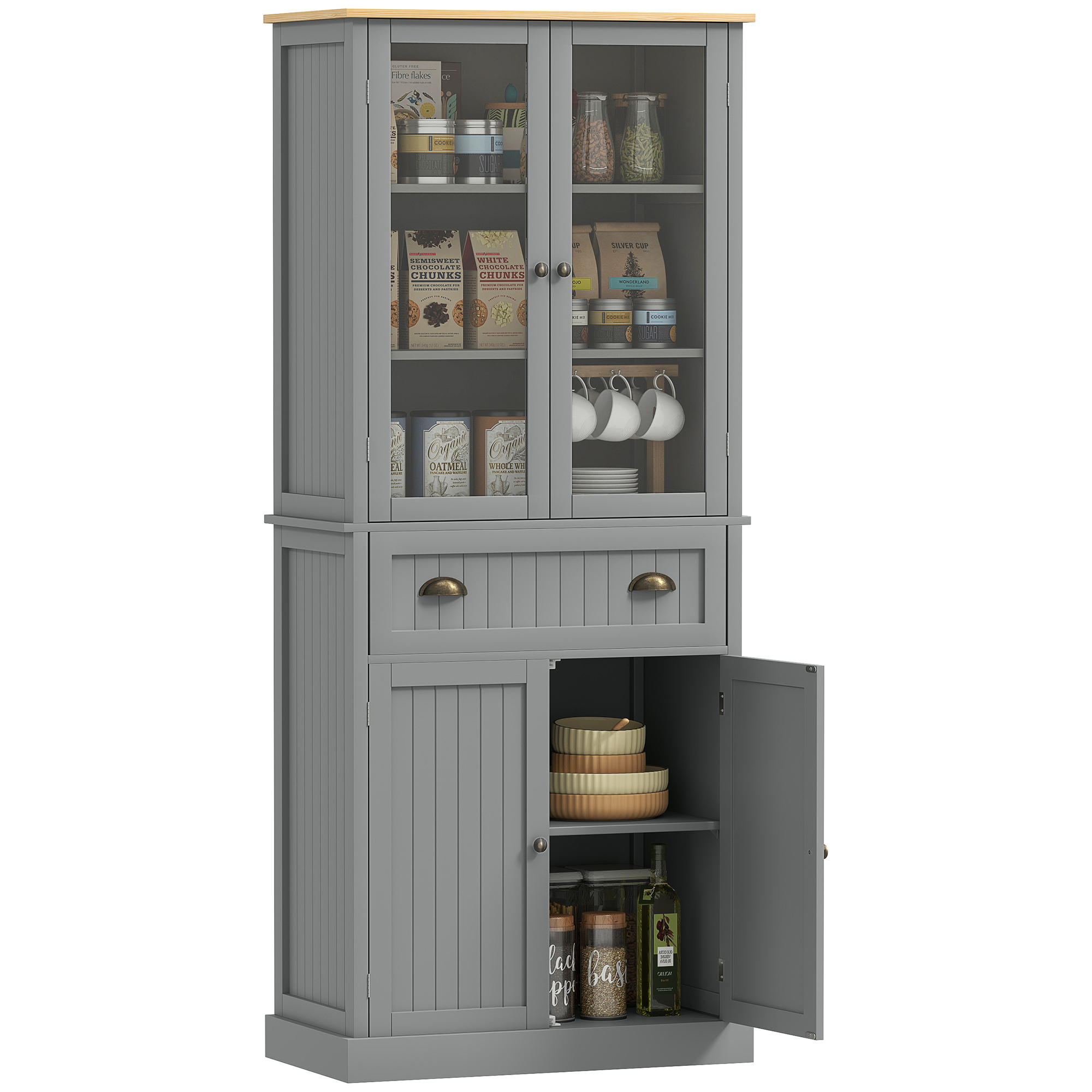Küchen-sideboard/aufbewahrungsschrank Mit 4 Türen (2 Glastüren Und 1 Schublade) Und Verstellbaren Einlegeböden – Grau