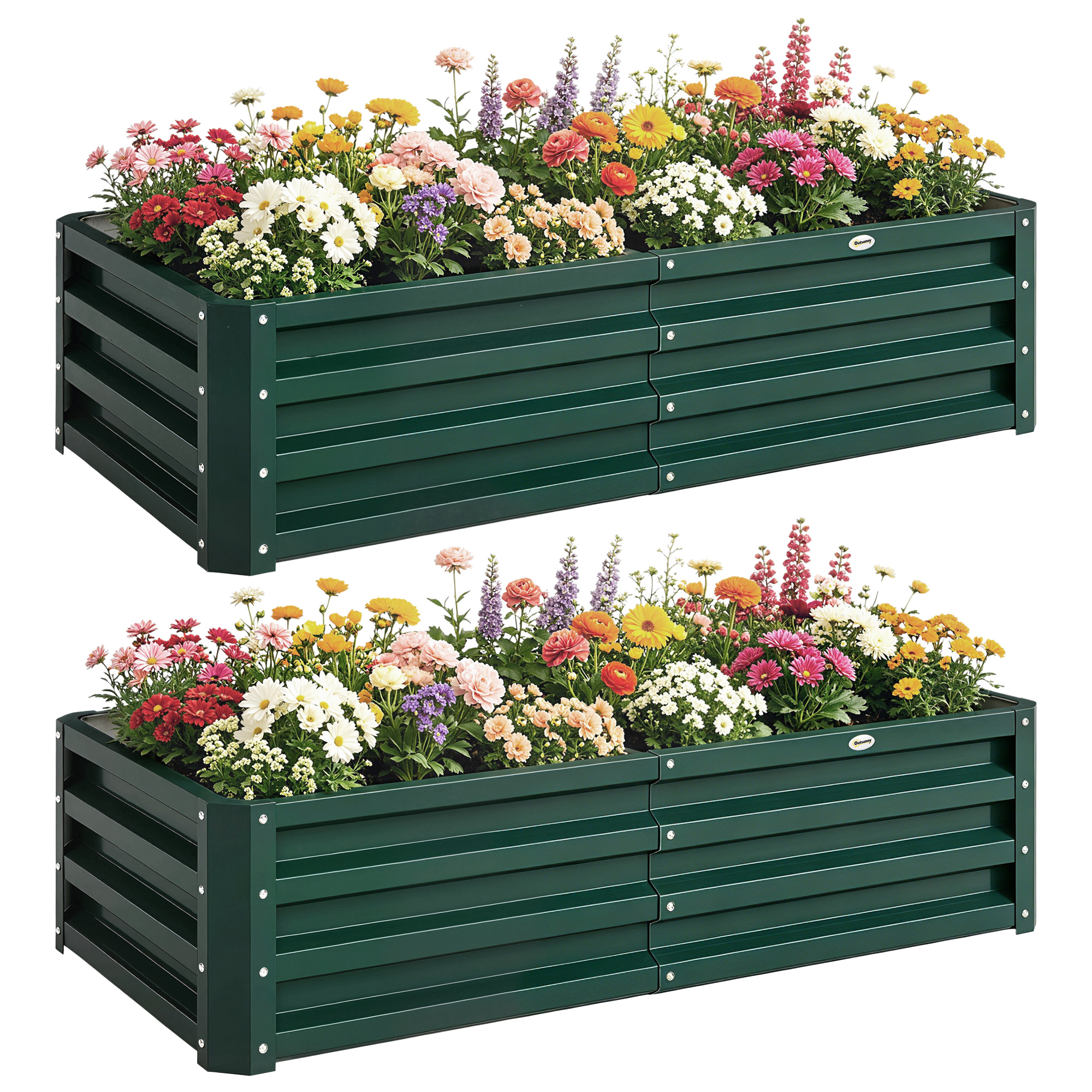 Set Mit 2 Rechteckigen Hochbeeten, Wellblech, 120 X 60 X 30,5 Cm, Dunkelgrün