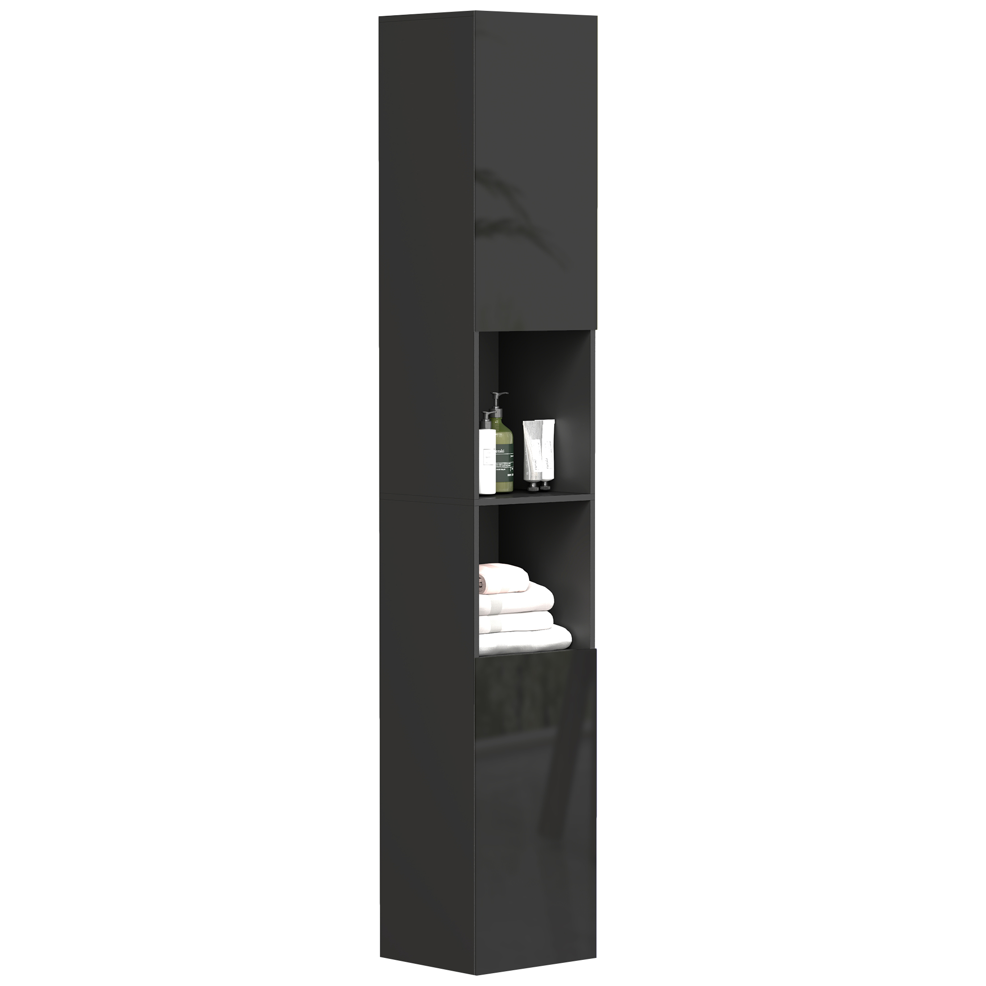 Badezimmer-säulenschrank Mit 2 Schränken Mit Verstellbaren Einlegeböden + 2 Nischen, 30 X 30 X 181,5 Cm, Schwarz