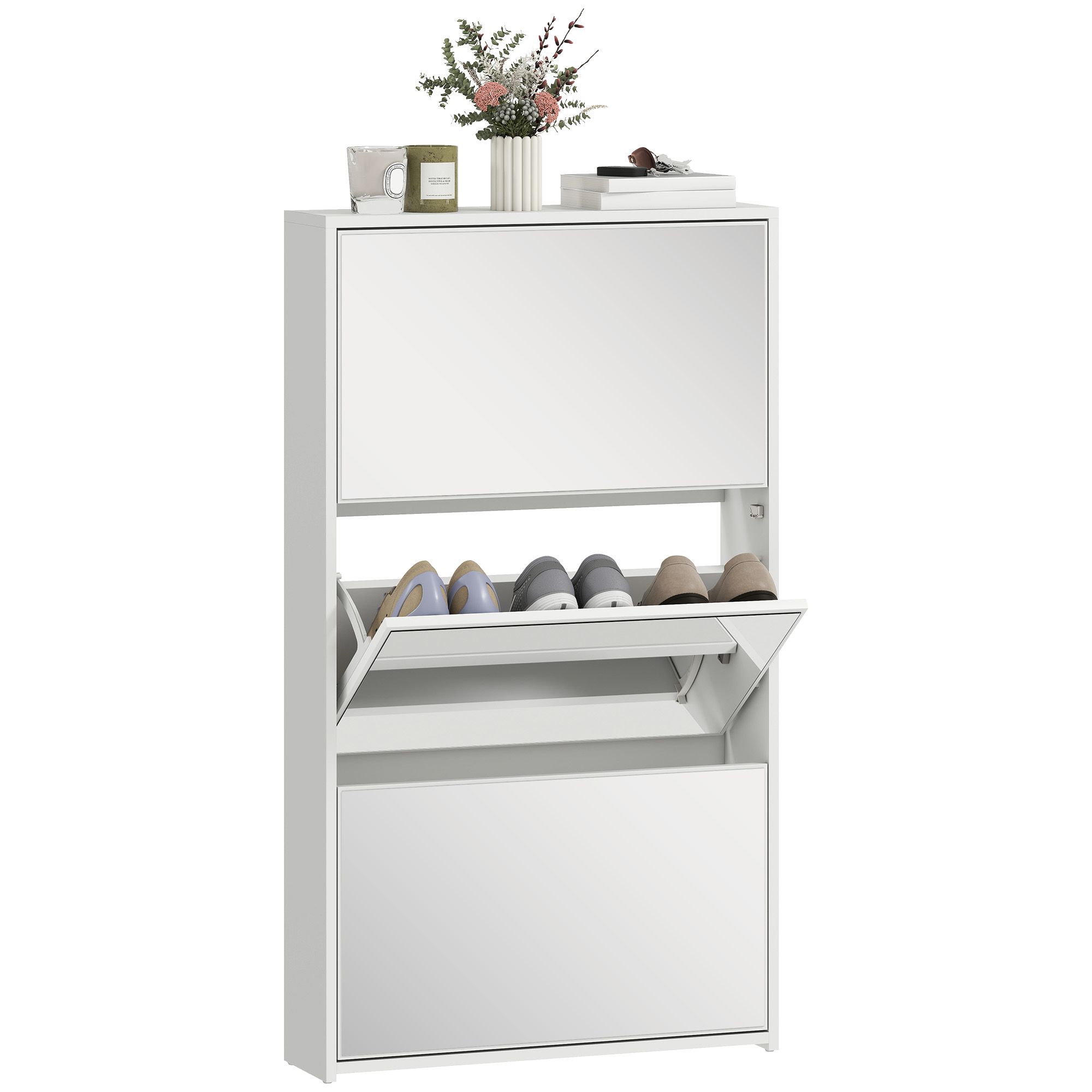 Schuhschrank Für 9 Paar Schuhe, Schmaler Schuhschrank, 3 Klappschubladen Und Spiegeltüren, 65 X 17 X 114,5 Cm, Weiß