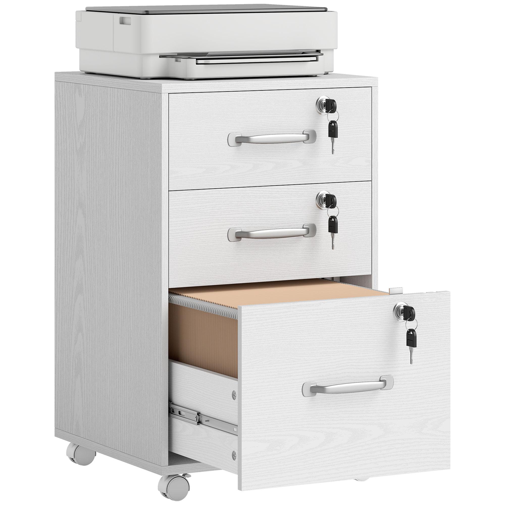 Mobiler Bürocontainer Mit 3 Abschließbaren Schubladen, Aufbewahrungseinheit Auf Rollen, 40 X 40 X 69,5 Cm, Weiß