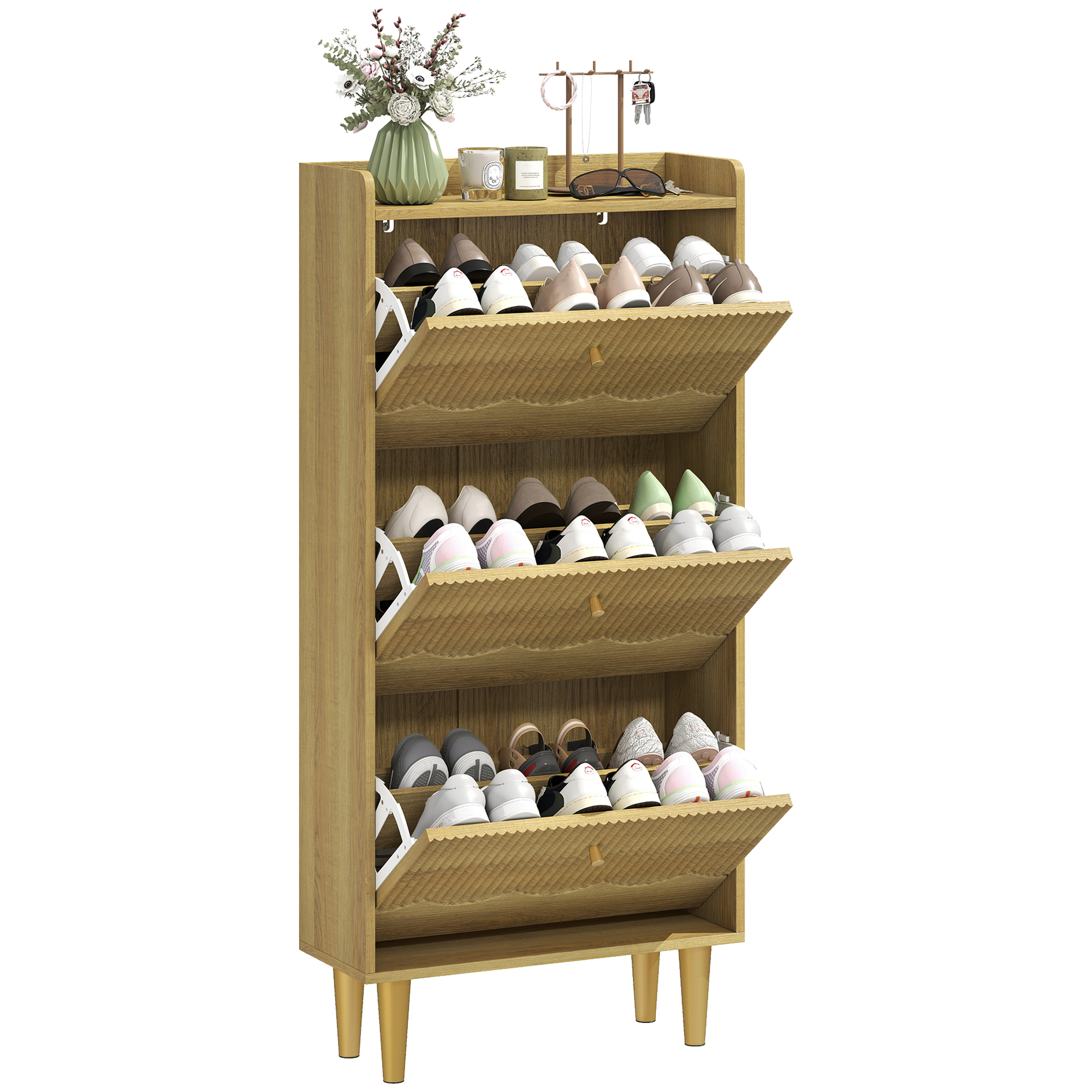 Schuhschrank Für 18 Paar Schuhe, Schmaler Schuhschrank, 3 Klappschubladen, Verstellbare Einlegeböden, 60 X 24 X 128 Cm, Eiche