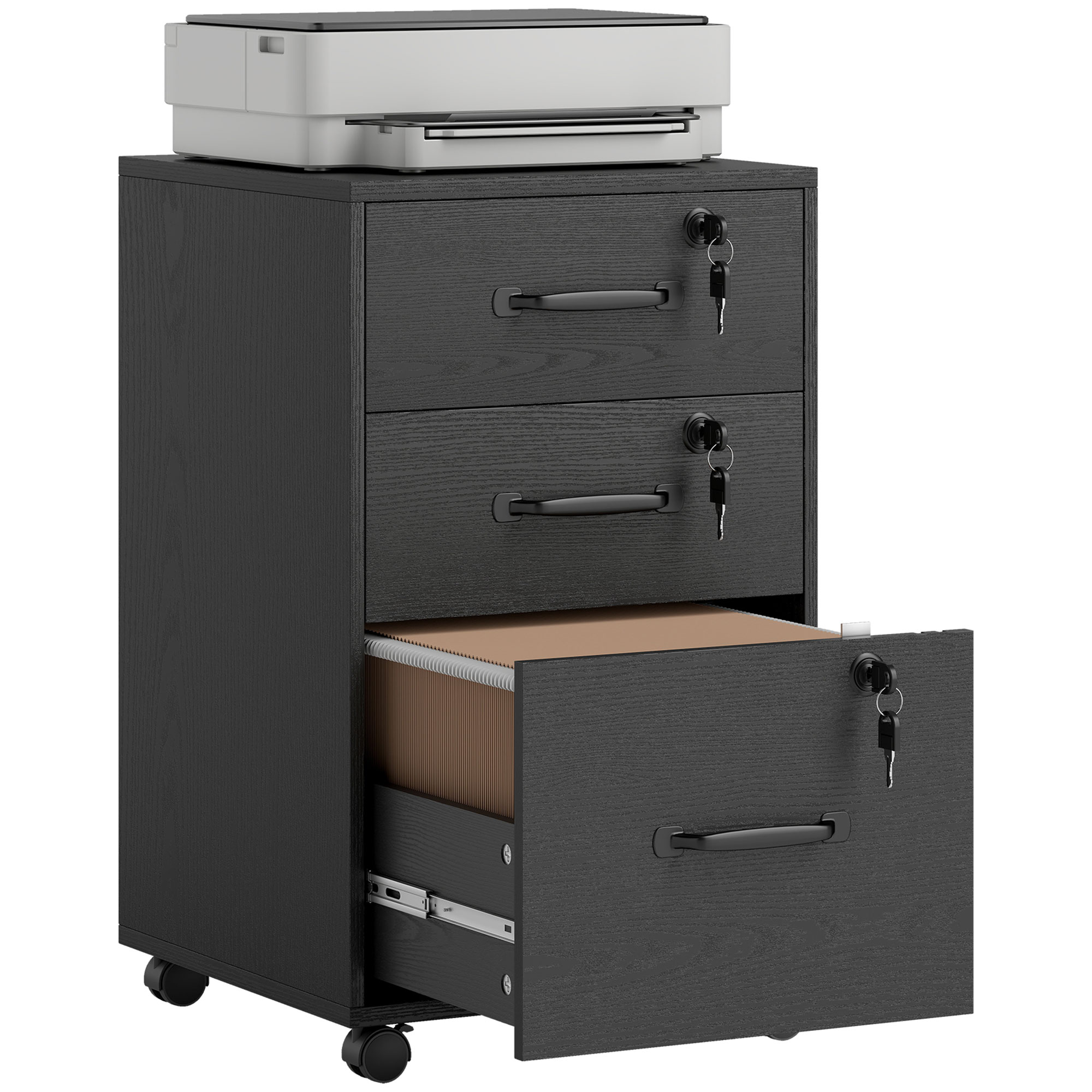 Mobiler Bürocontainer Mit 3 Abschließbaren Schubladen, Aufbewahrungseinheit Auf Rollen, 40 X 40 X 69,5 Cm, Schwarz