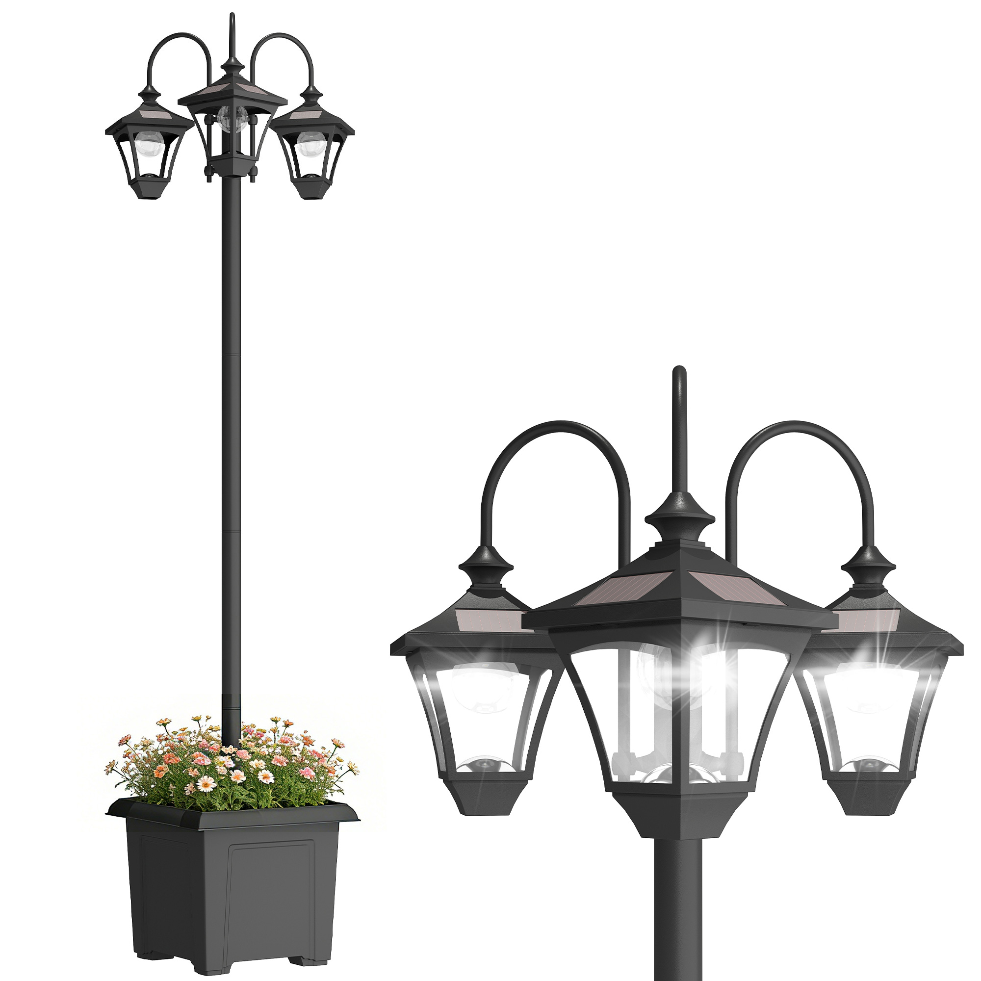 Solar Laterne Stehleuchte Mit Blumentopf 185cm Höhenverstellbar Außen Gartenlaterne Mit 3 Lampenköpfe Lichtsteuerung