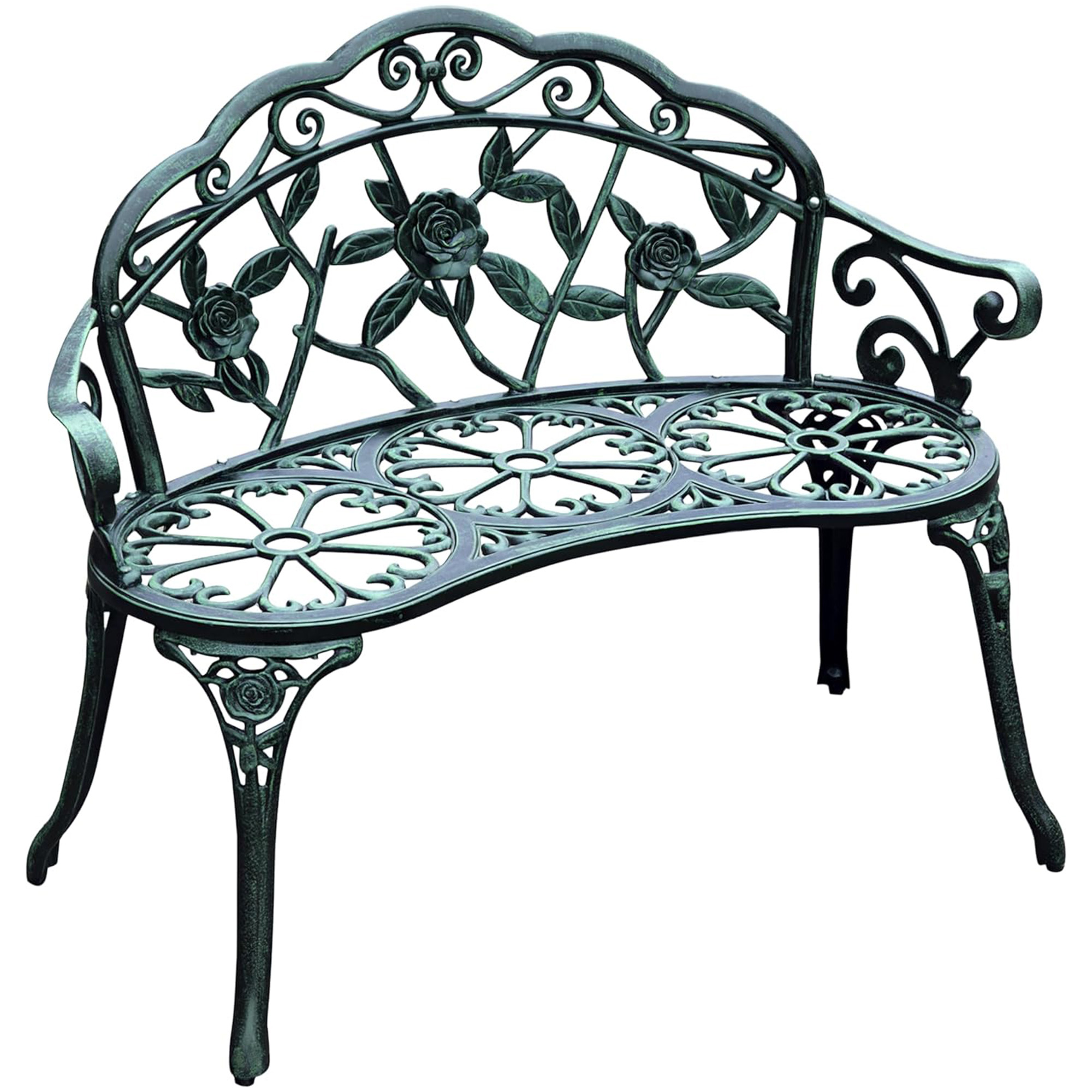 Gartenbank Für 2 Personen, Neo-retro-stil, Rosenmuster, Konische Linien, 100 X 54 X 78 Cm (l X B X H), Aluminiumguss, Grün