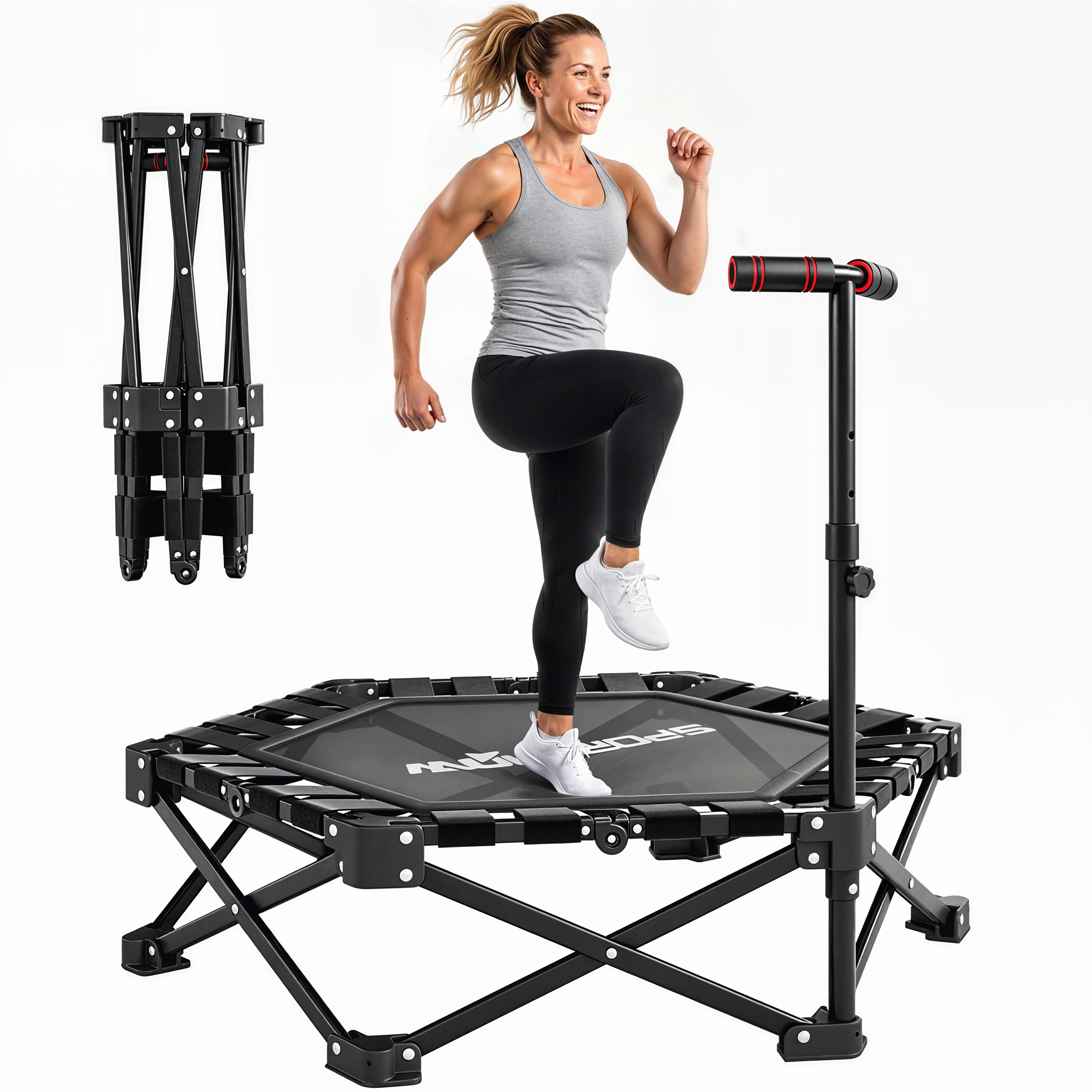 Fitness-trampolin Mit Verstellbarem T-griff, Faltbar, Tragetasche, 180 Kg Belastbarkeit, Stahl, Kunststoff, Schwarz