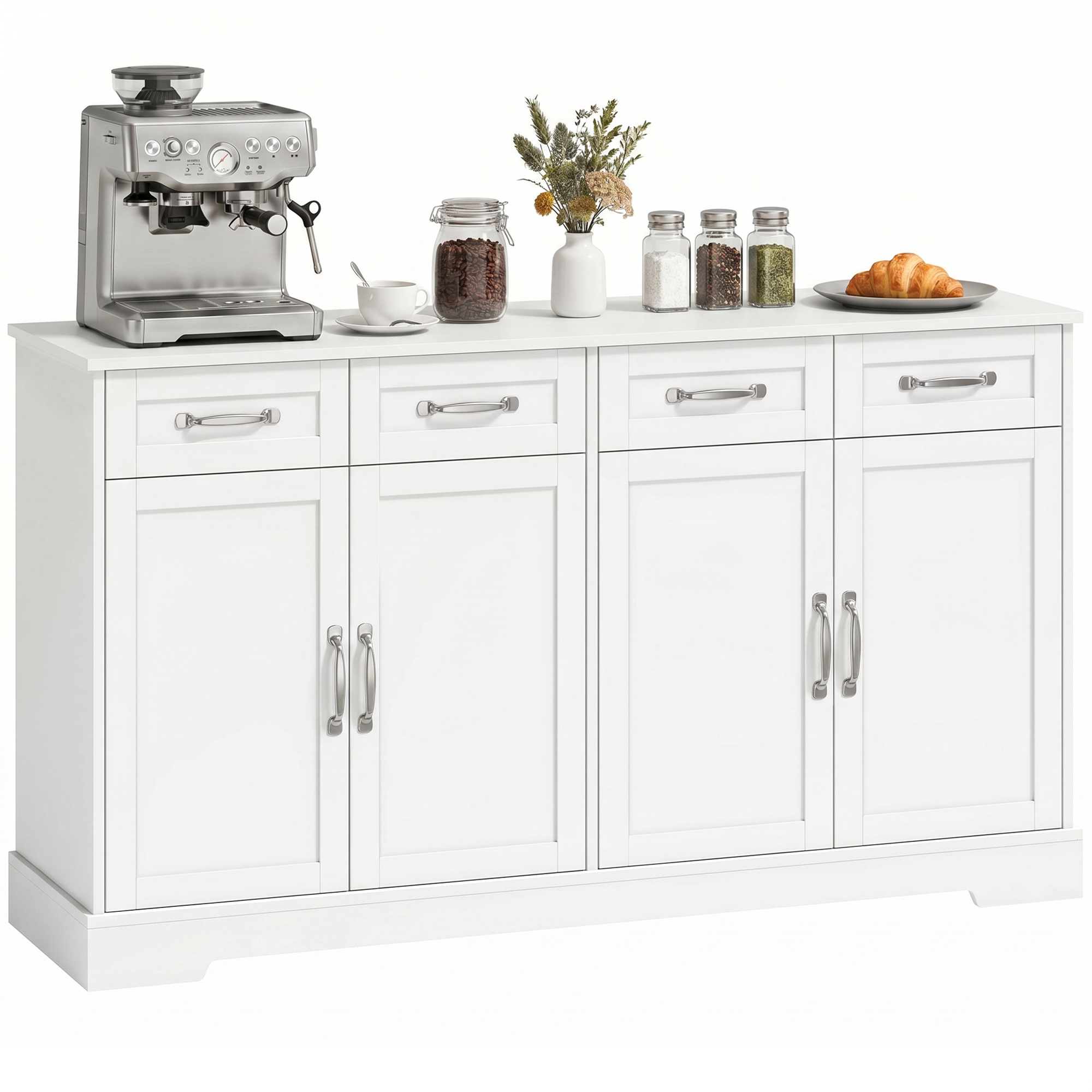 Küchenbuffet Im Shaker-stil Mit 4 Schubladen Und 4 Türen, 140 X 38 X 80 Cm, Weiß