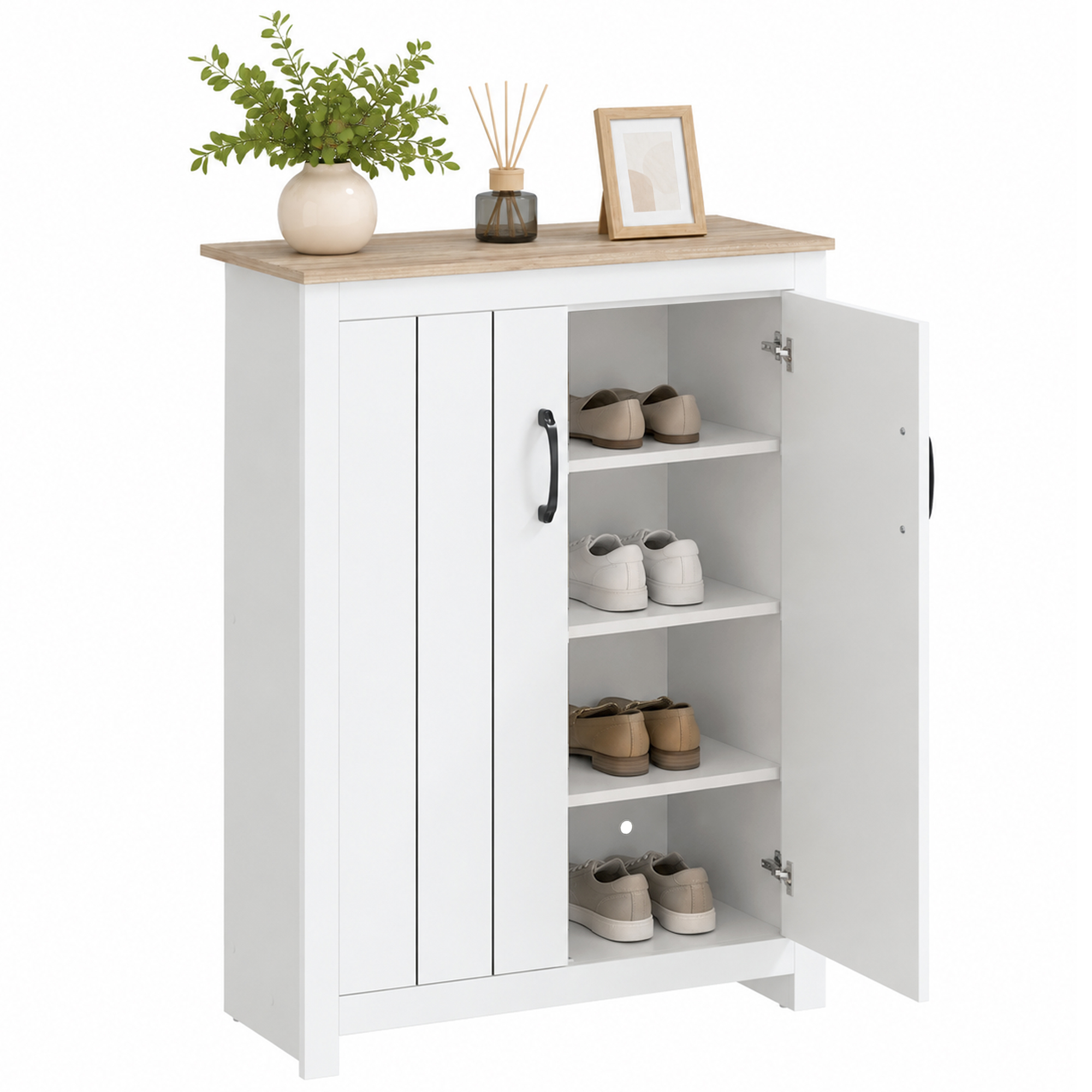 Schuhschrank Mit 4 Ebenen Für 12 Paar Schuhe, 2 Türen Und Verstellbare Einlegeböden, 80 X 32,8 X 105 Cm, Eiche Und Weiß
