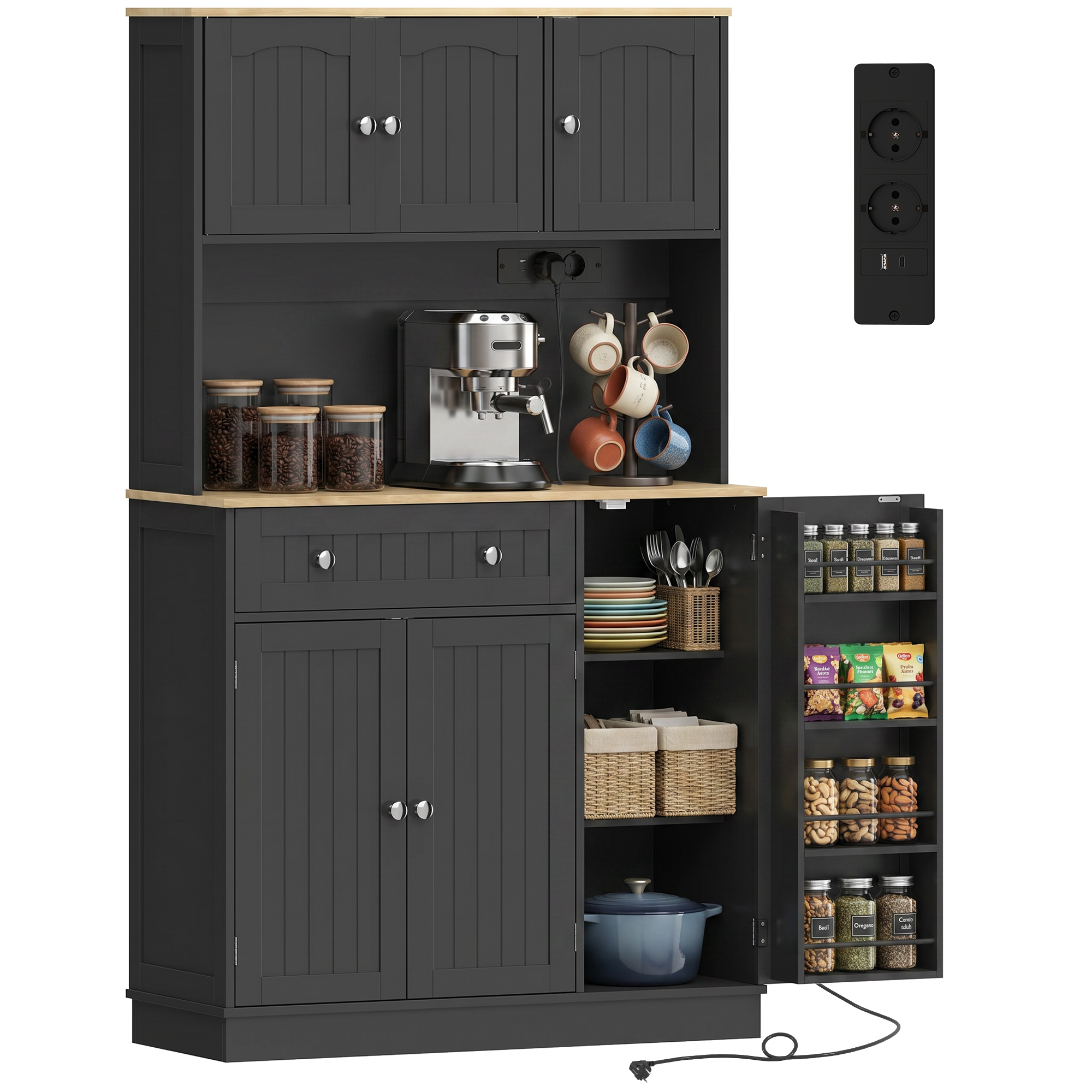 Hohes Küchen-sideboard, Küchenschrank, Ladestation, 6 Türen, Arbeitsplatte, Gewürzregal, 100 X 40 X 173 Cm, Schwarz