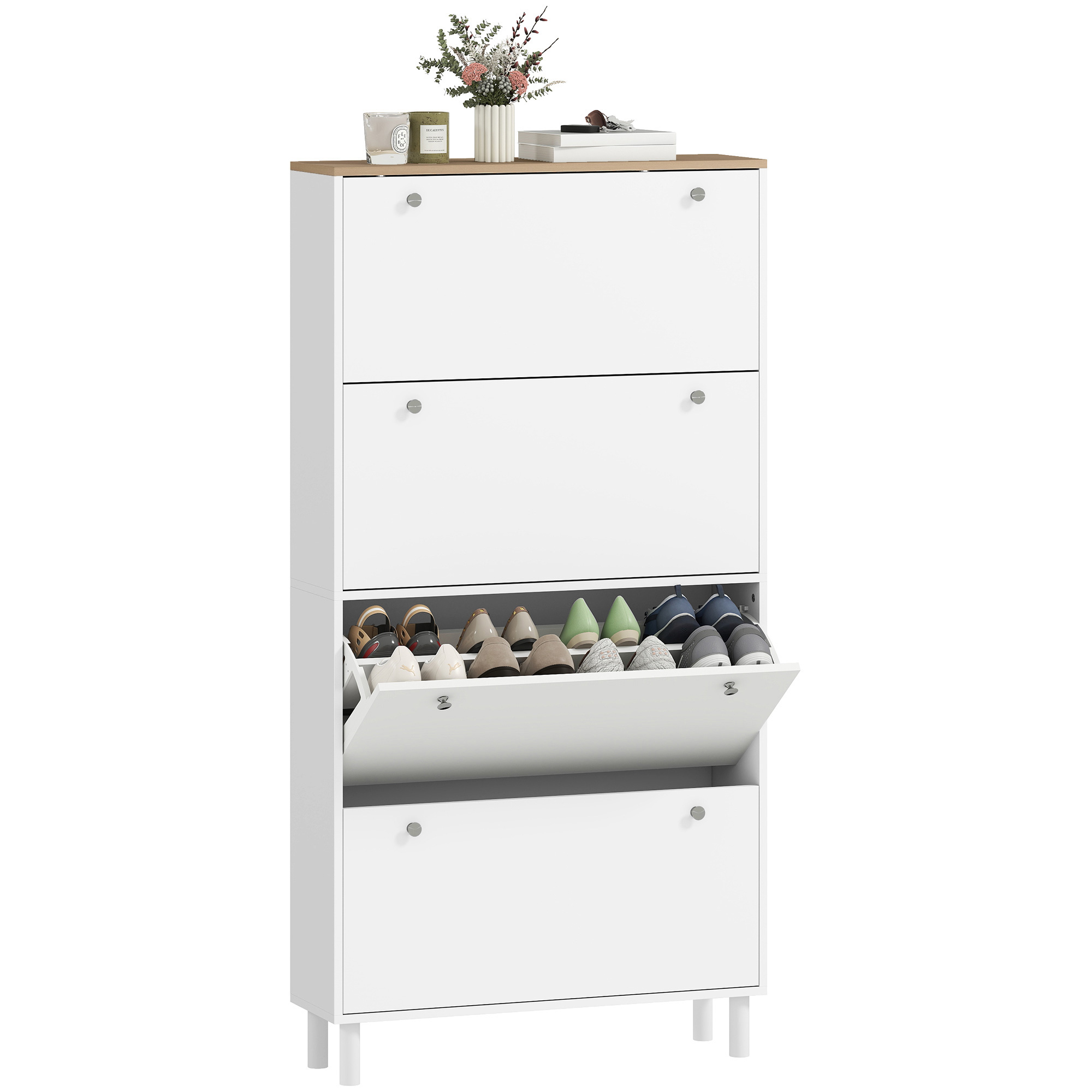 Schuhschrank Für 32 Paar Schuhe Mit 4 Klappschubladen, Verstellbaren Einlegeböden, Modern, 80 X 23,5 X 157 Cm, Weiß