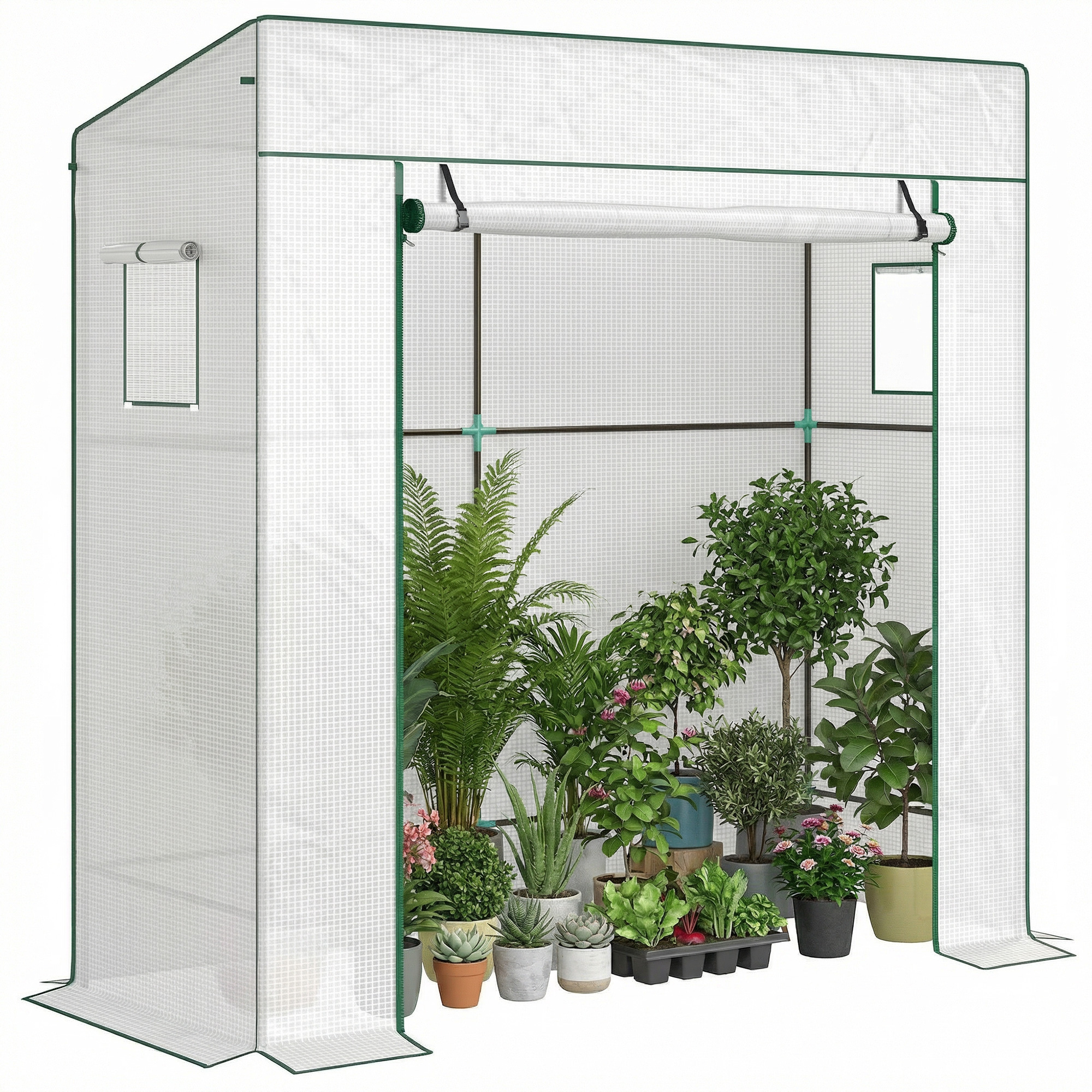 Tomatengewächshaus Rolltor Netzfenster 196 X 77 X 197 Cm Weiß