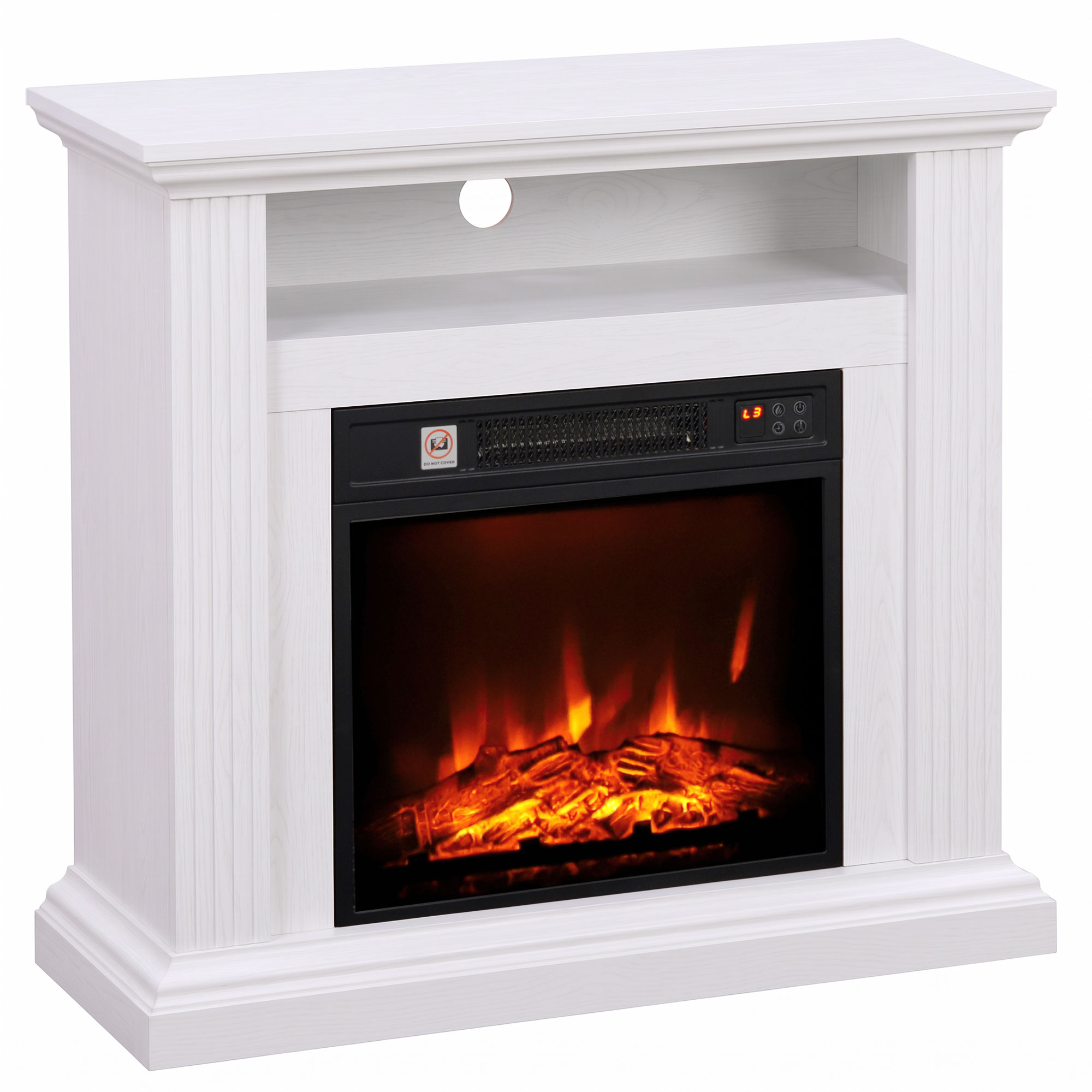Elektrischer Kamin (1800 W), 3 Helligkeitsstufen, Flammeneffekt, Kaminsims Mit Kaminsims, Weiße Holzoptik