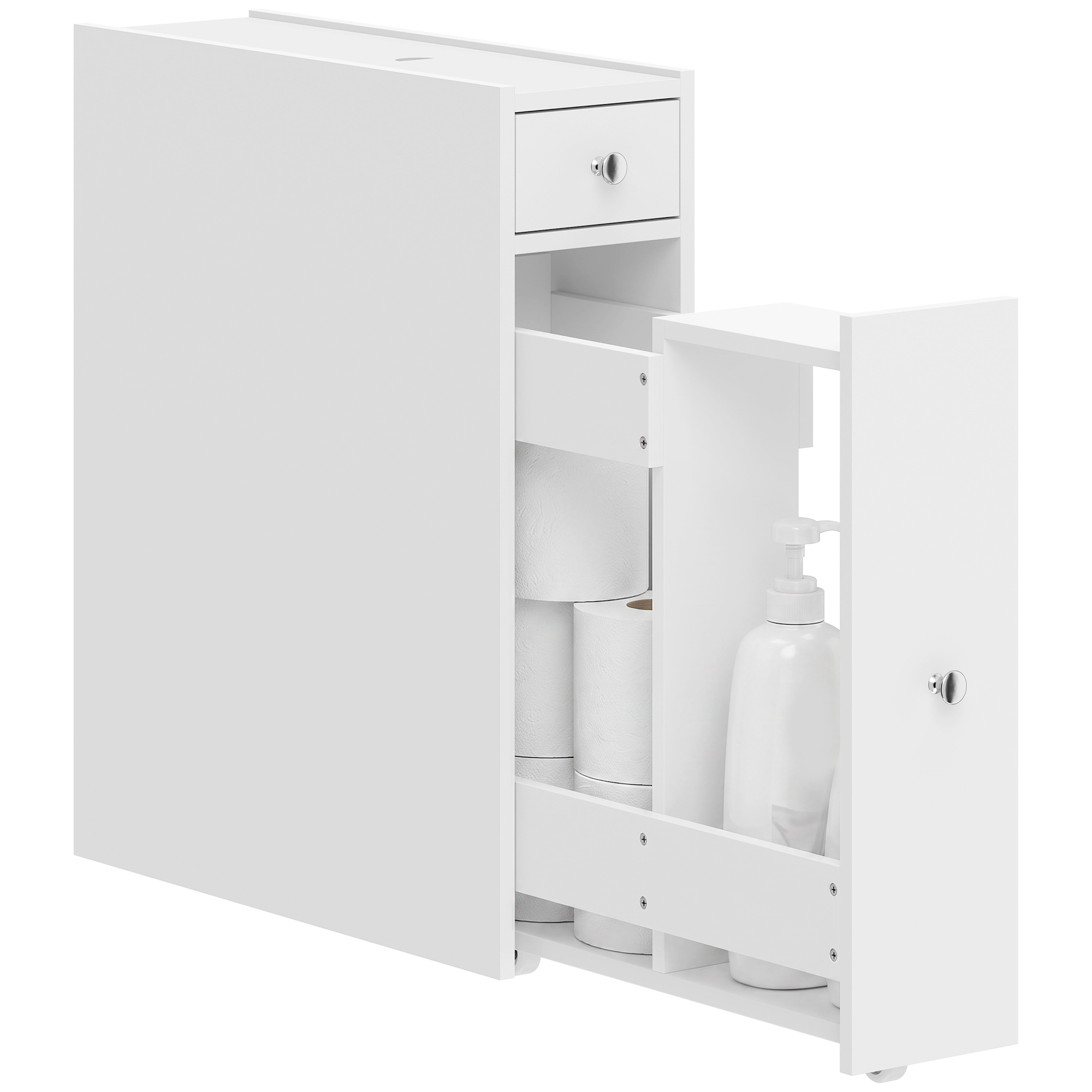 Schmaler Badezimmerschrank, Freistehender Waschtisch Mit 2 Schubladen Und Offenem Fach, 16 X 48 X 58 Cm, Weiß