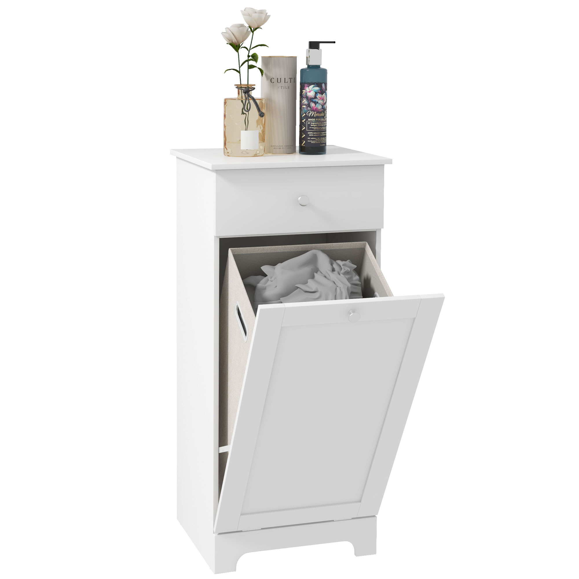Badezimmerschrank Mit Wäschekorb, Aufbewahrungseinheit Mit Schublade – 40 X 38 X 90,5 Cm (l X B X H) – Weiß