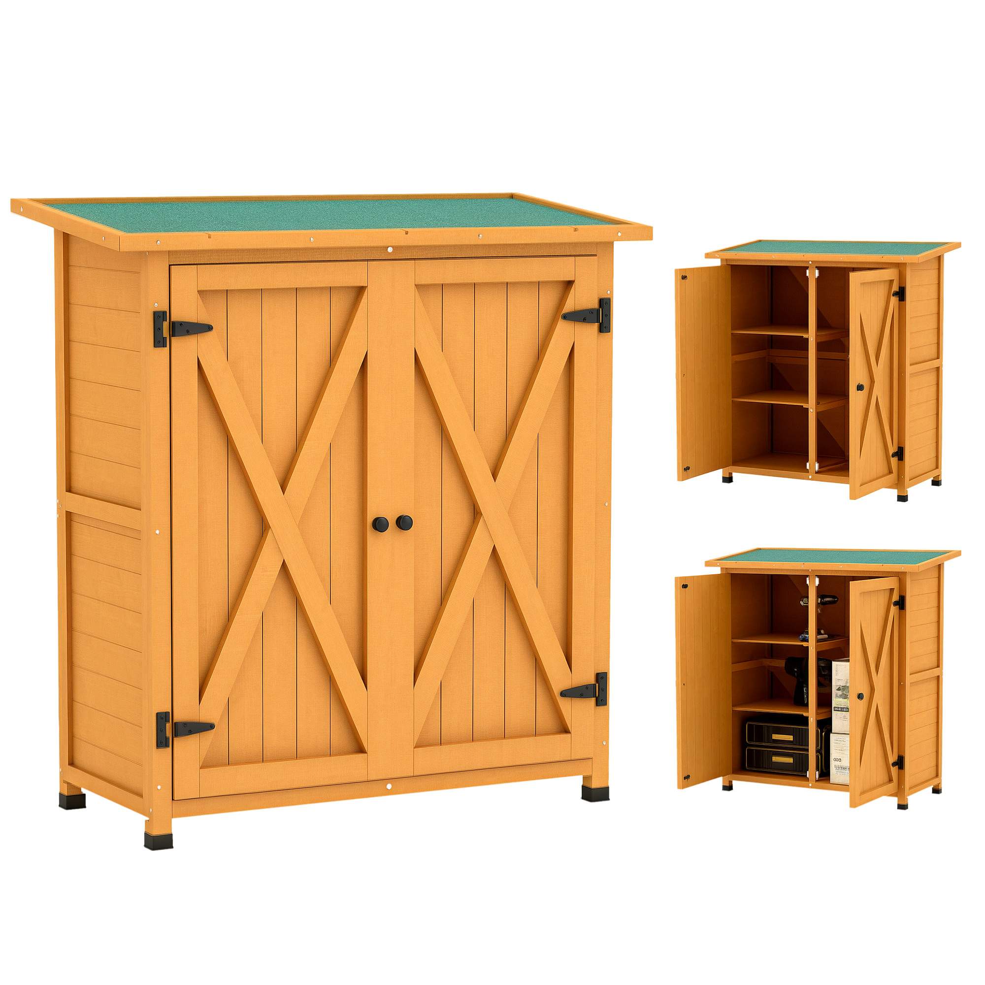 Gartenschrank, Geräteschuppen Aus Holz, Wetterfest Geräteschrank Mit 2 Türen Asphaltdach 110 X 55 X 117 Cm, Gelb