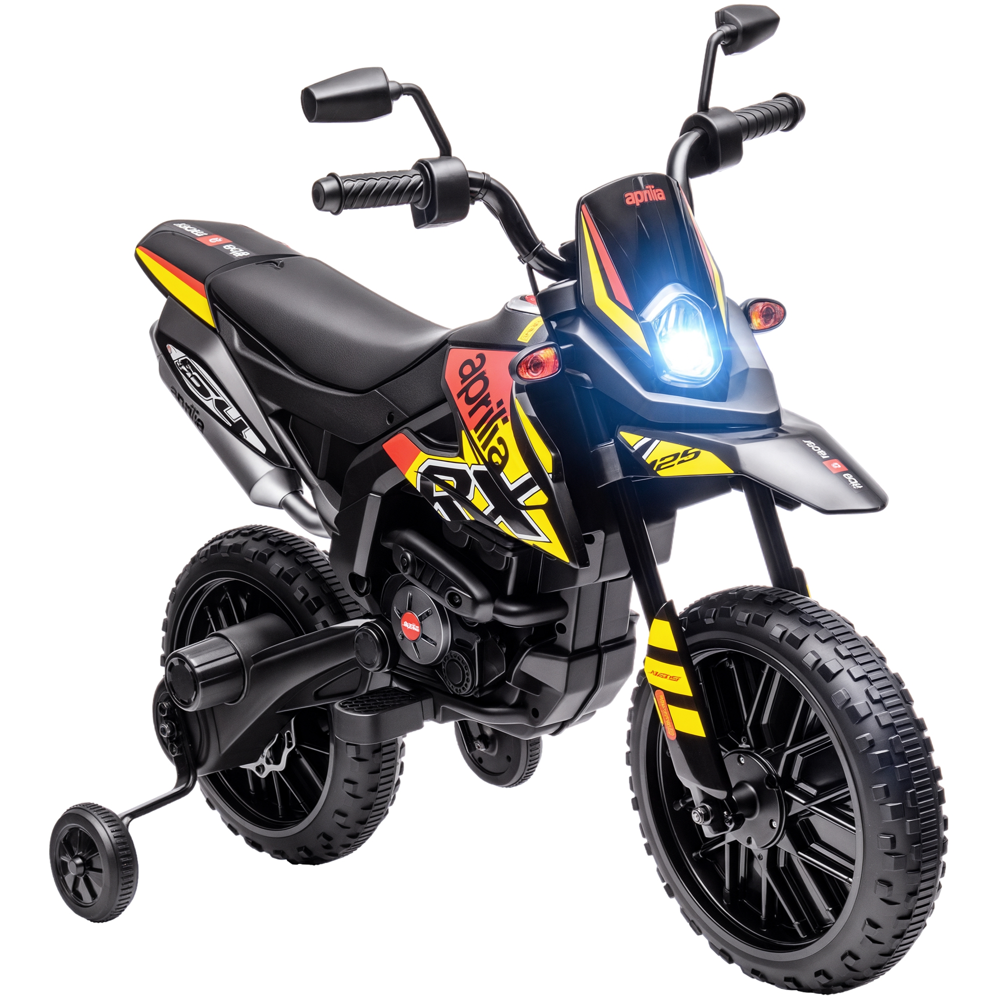 Aprilia-lizenziertes Kinder-elektromotorrad Mit 2 X 12-v-motoren, Stützrädern, Led-licht Und Musik – Gelb