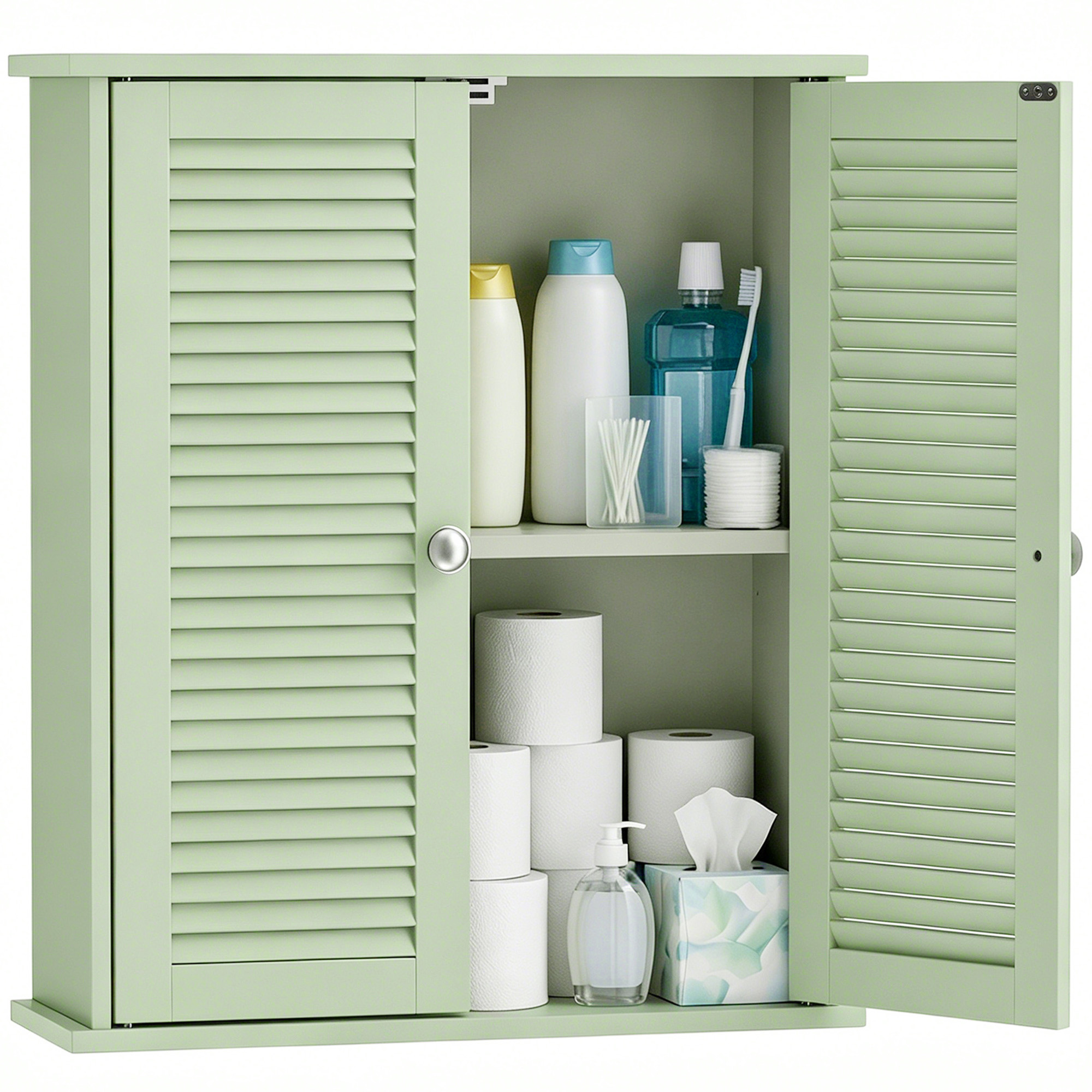 Badezimmer-wandschrank, Hängeschrank Mit 2 Lamellentüren Und Verstellbarem Einlegeboden, Grün