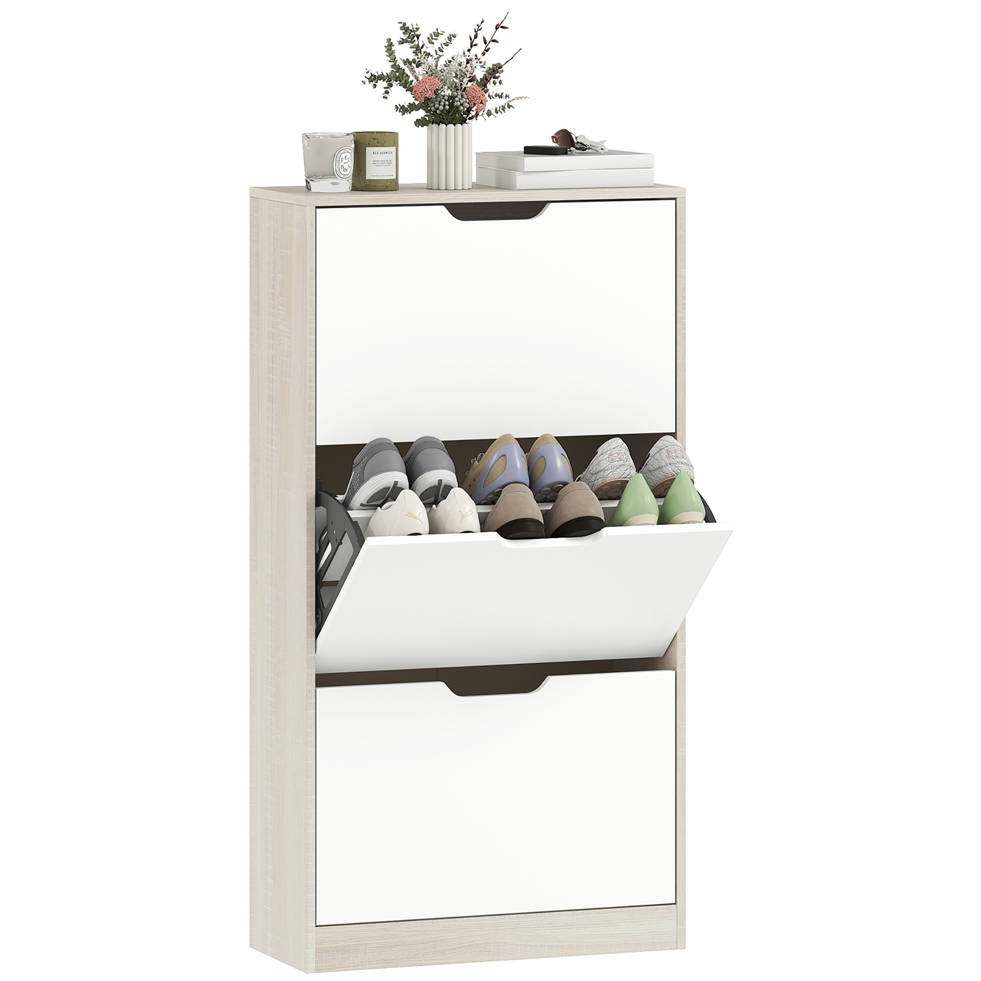 Schuhschrank Für 12 Paar Schuhe, Schmaler Schuhschrank, 3 Klappschubladen, Eiche Und Weiß