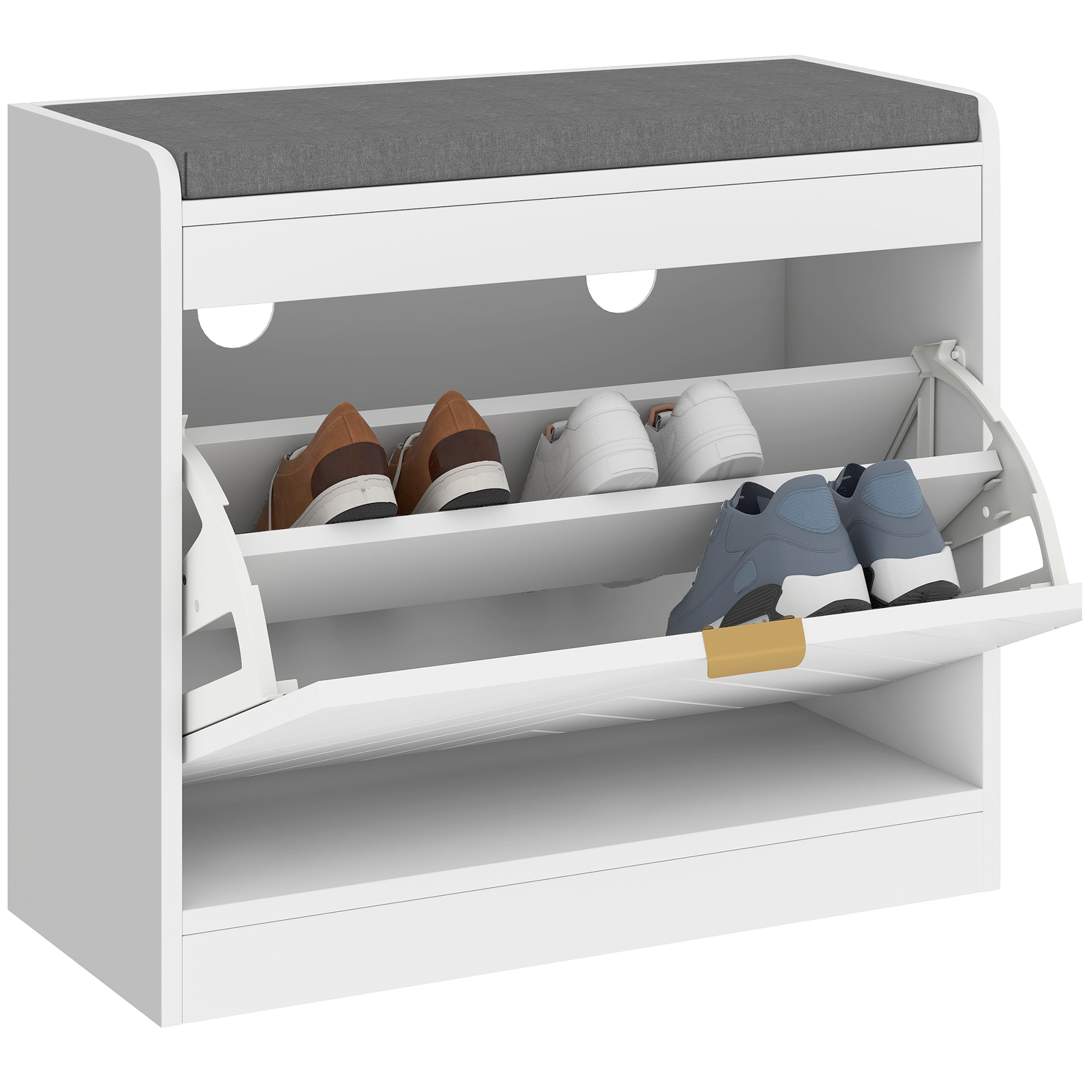Schuhbank, Aufbewahrungsbank, Gepolsterter Sitz, Klappschublade, Tür Mit Muster, 60 X 26 X 52,5 Cm, Weiß