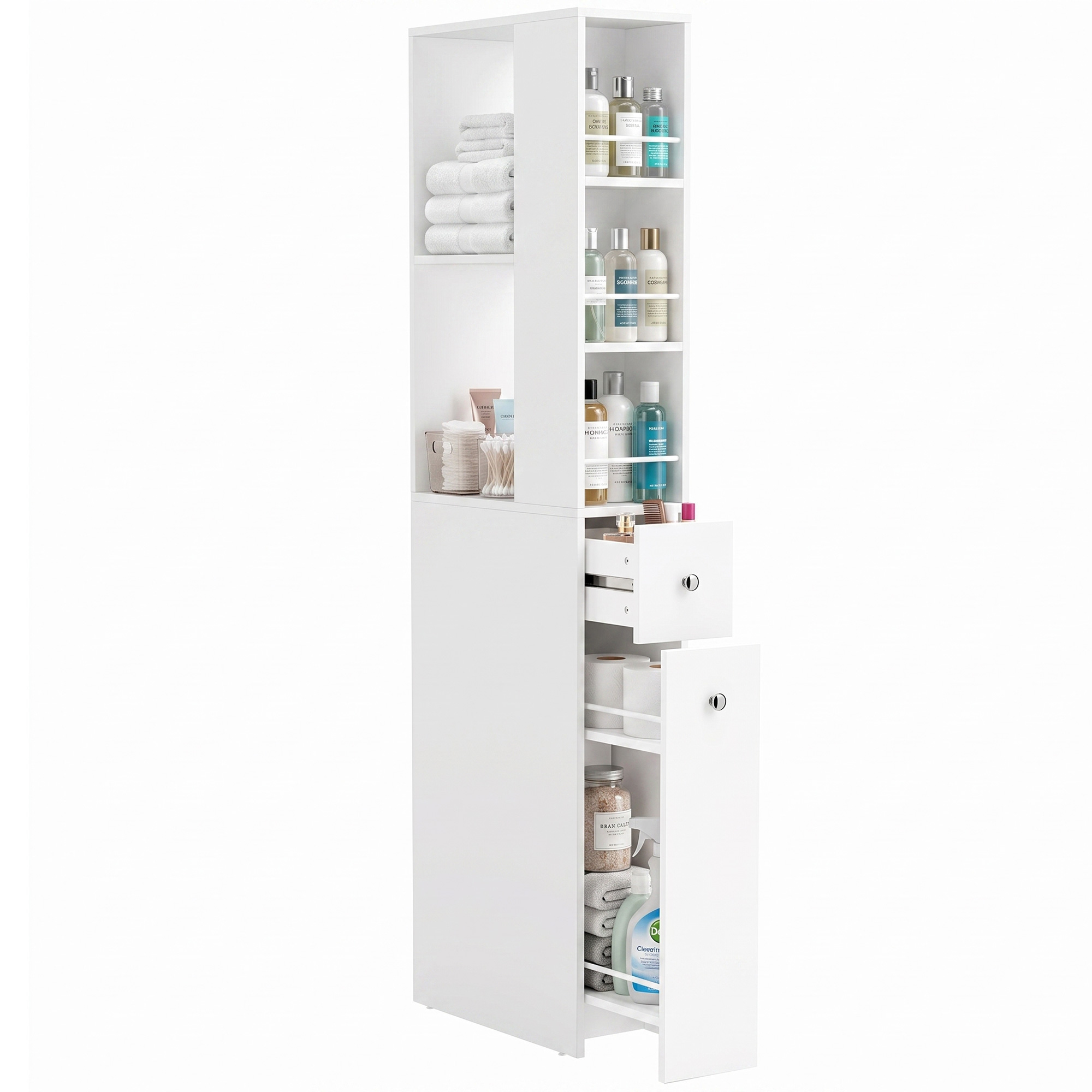 Schmaler Hoher Badezimmerschrank, 135 Cm Badschrank Mit 2 Schubladen, Weiß