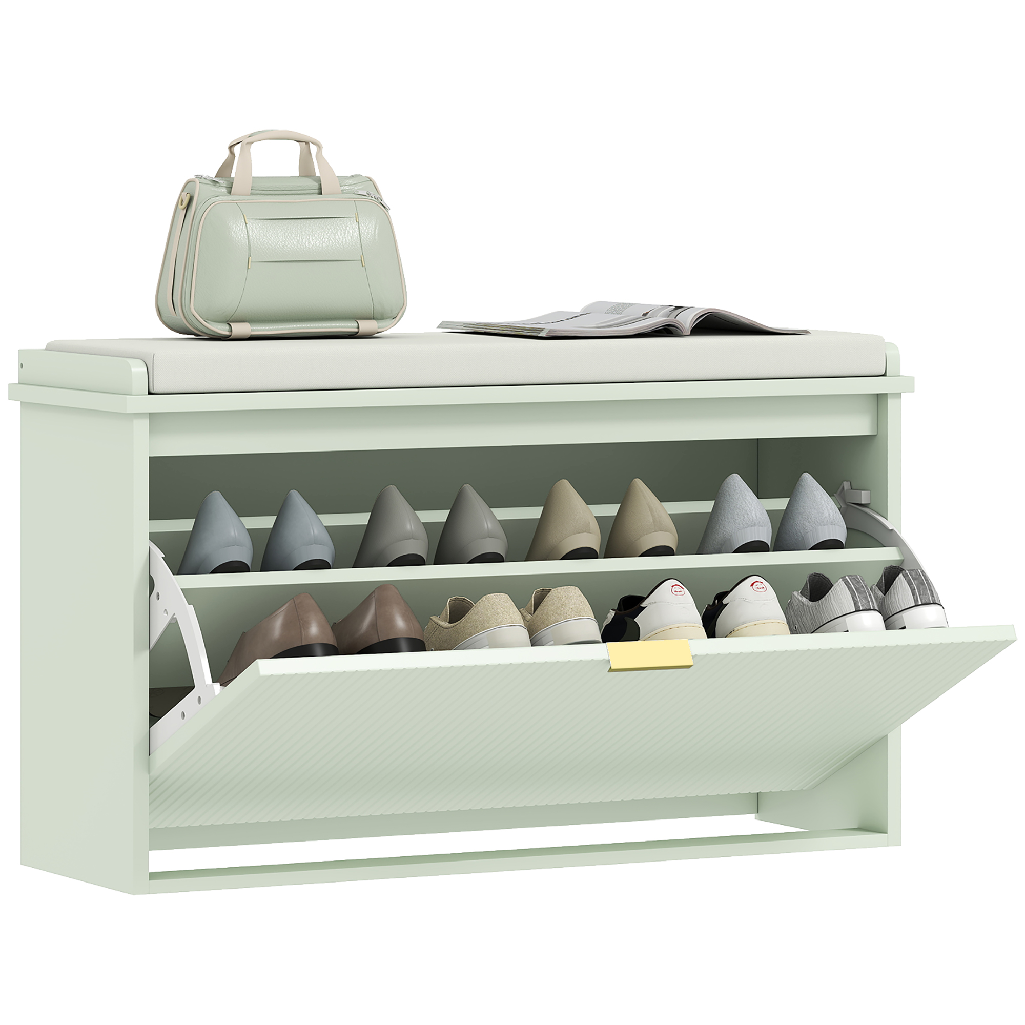 Schuhbank Mit Gepolstertem Sitzkissen Und Ausklappbarer Schublade Für Flur Oder Schlafzimmer, 80 X 26 X 47,5 Cm, Grün