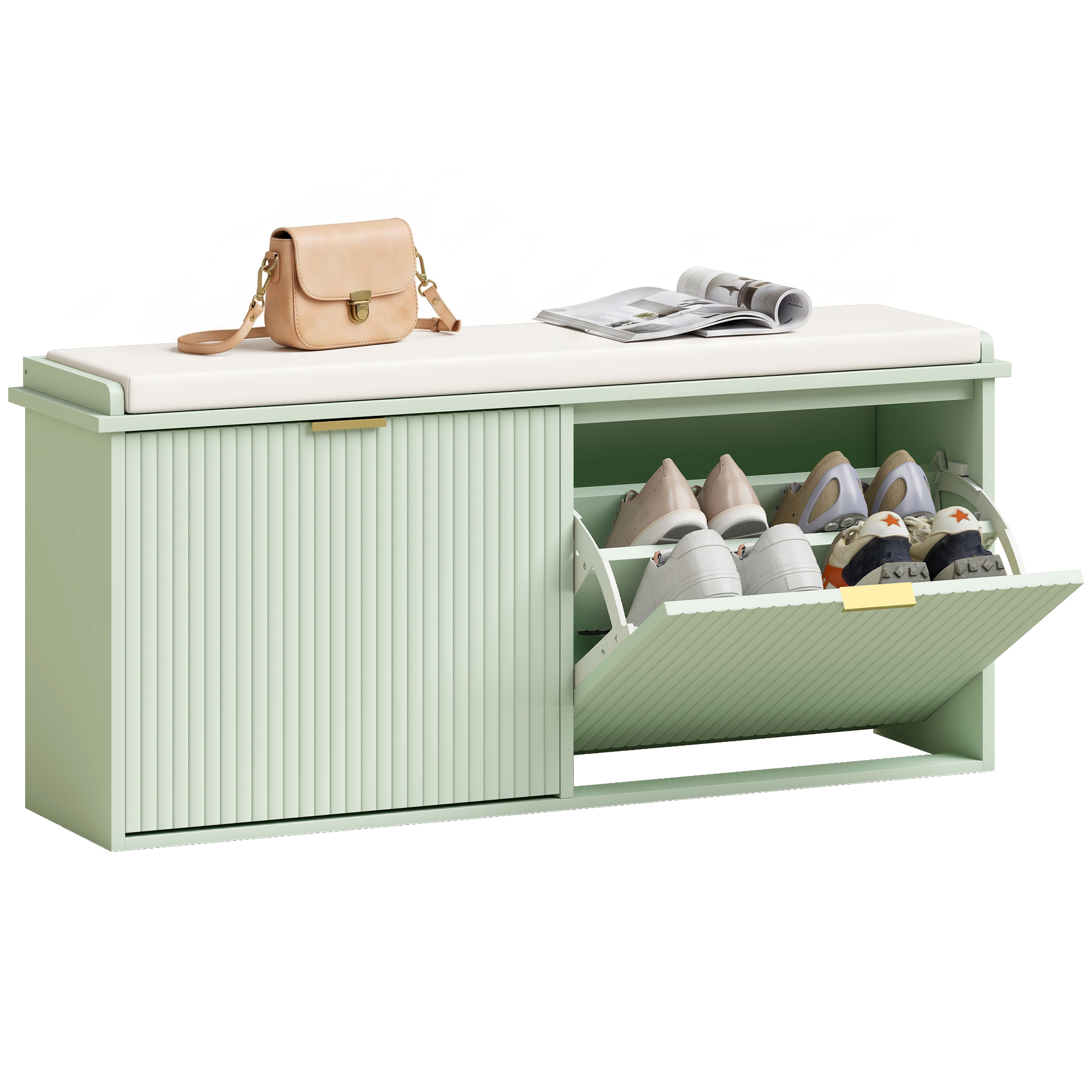 Schuhbank Mit Gepolstertem Sitzkissen Und Ausklappbarer Schublade Für Flur Oder Schlafzimmer, 104 X 26 X 47,5 Cm, Grün