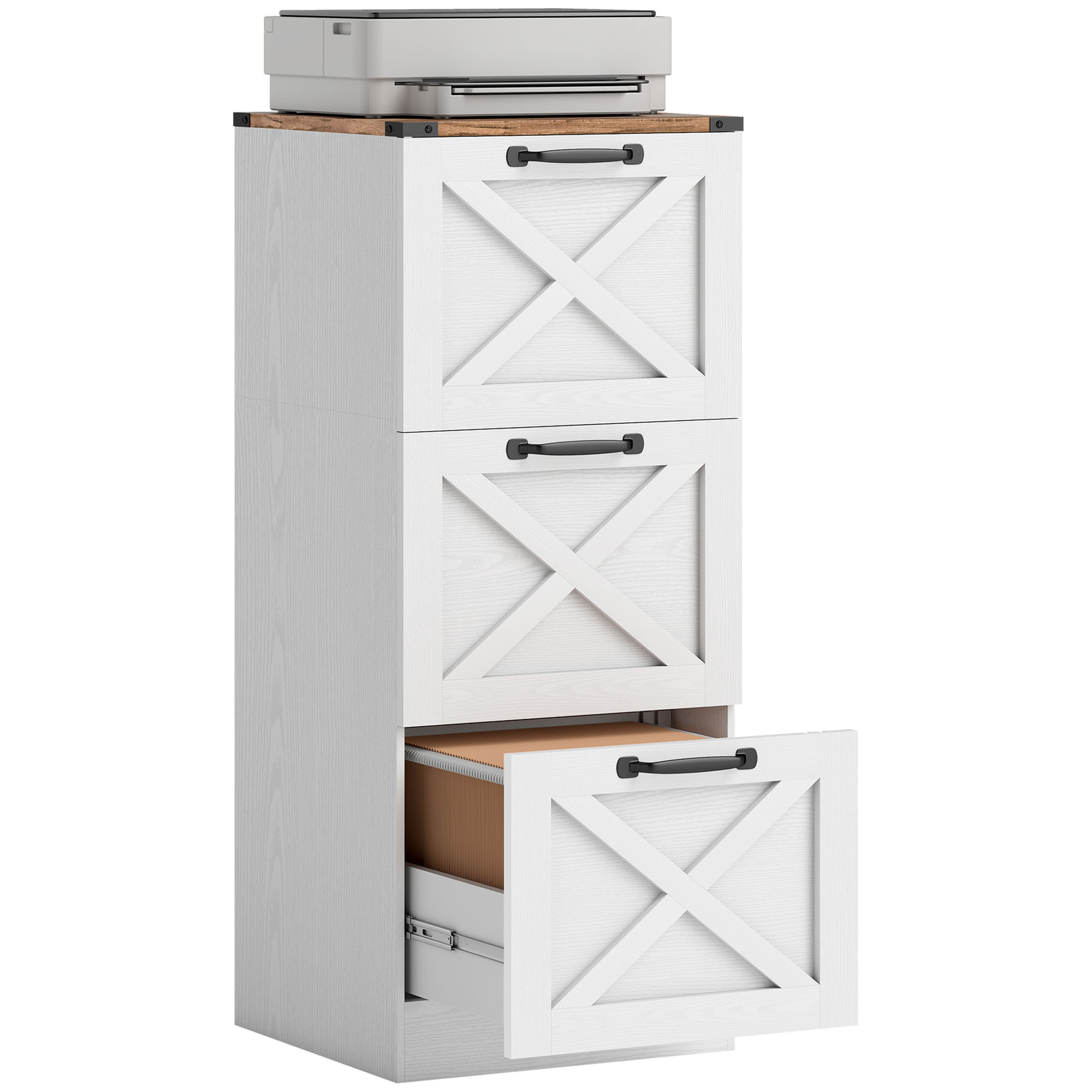 Bürocontainer Mit 3 Schubladen, Hängeregistratur Für Din A4/briefpapier, Rustikaler Stil, 40 X 40 X 101 Cm, Weiß