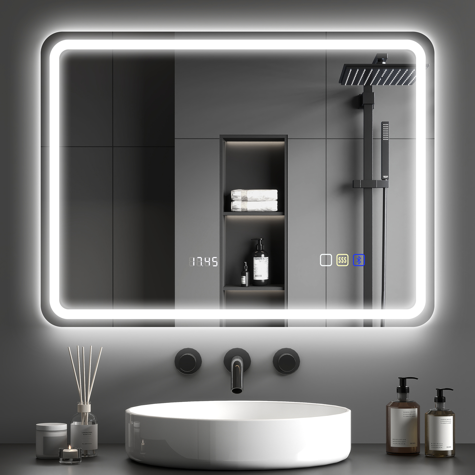 Bluetooth-badezimmerspiegel Mit Led-beleuchtung, 60 X 80 Cm, Beleuchteter Wandspiegel Mit Uhr, Beschlagfrei, Silber