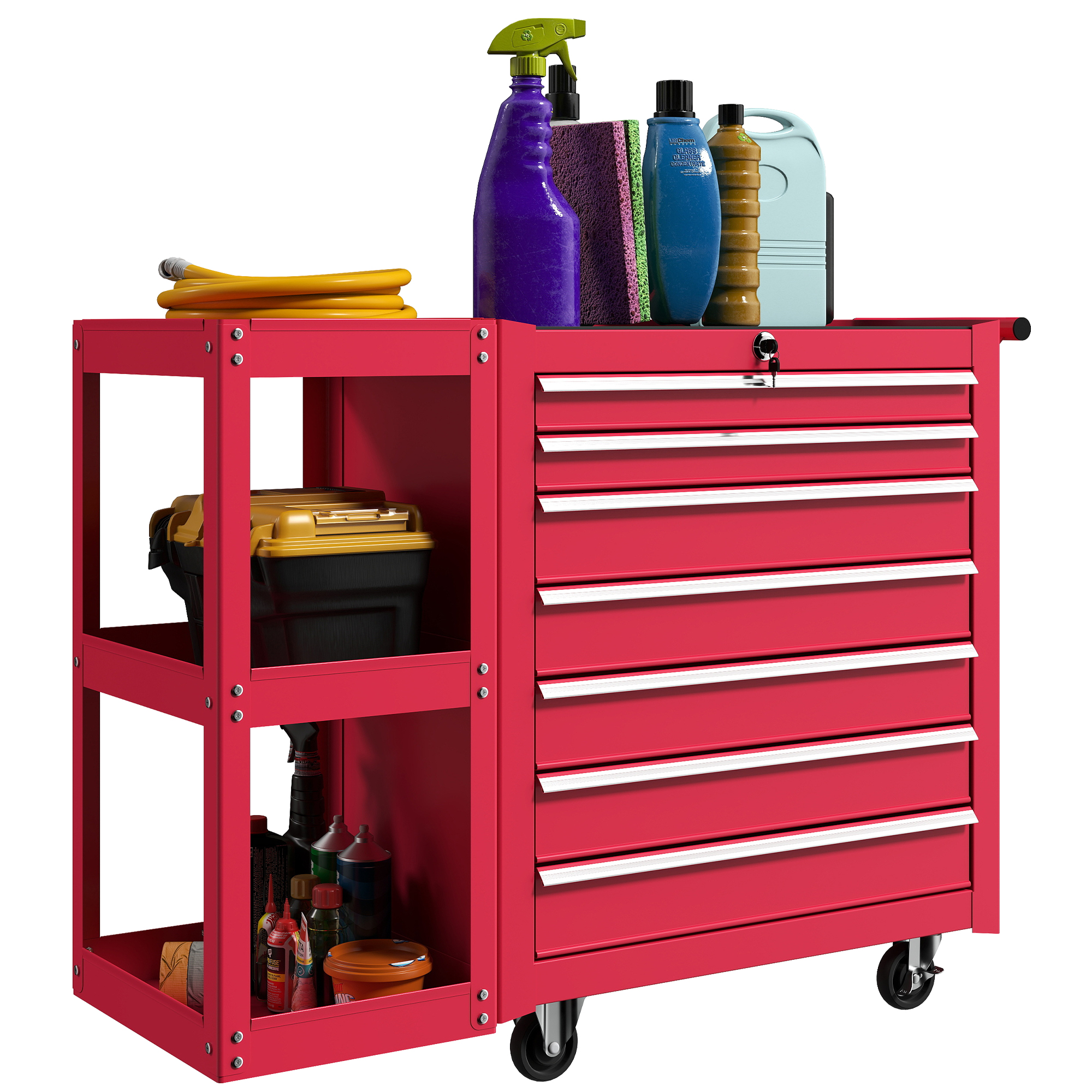 Werkstattwagen Werkzeugwagen Mit 7 Schubladen Abnehmbar Seitenregal 4 Rollen Mit Feststellbremse, 96x33,5x75cm, Rot