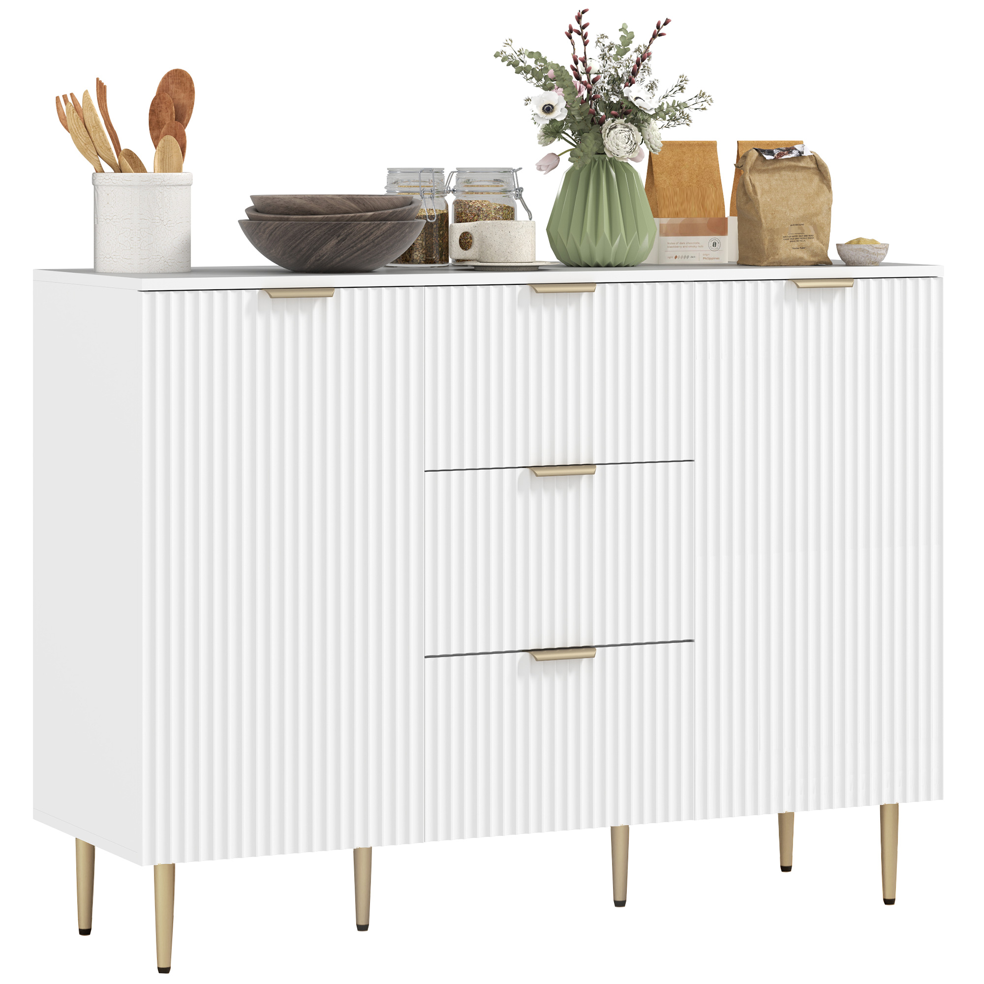 Küchenschrank Mit 3 Schubladen, Verstellbaren Einlegeböden Und Geriffelten Türen, 120 X 40 X 90 Cm, Weiß