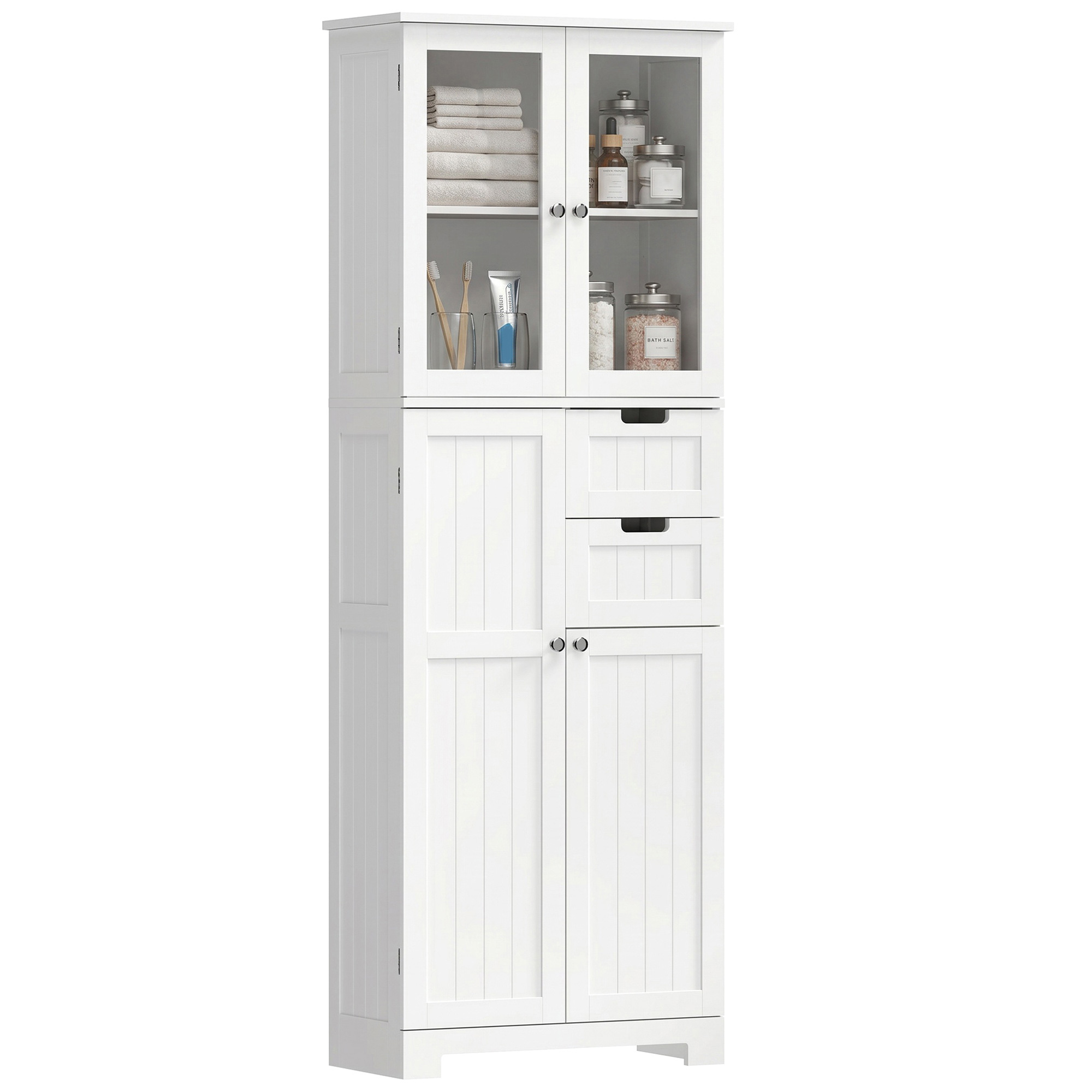 Hoher Badezimmerschrank Mit 4 Türen Und 2 Schubladen, 60 X 30 X 170 Cm, Weiß