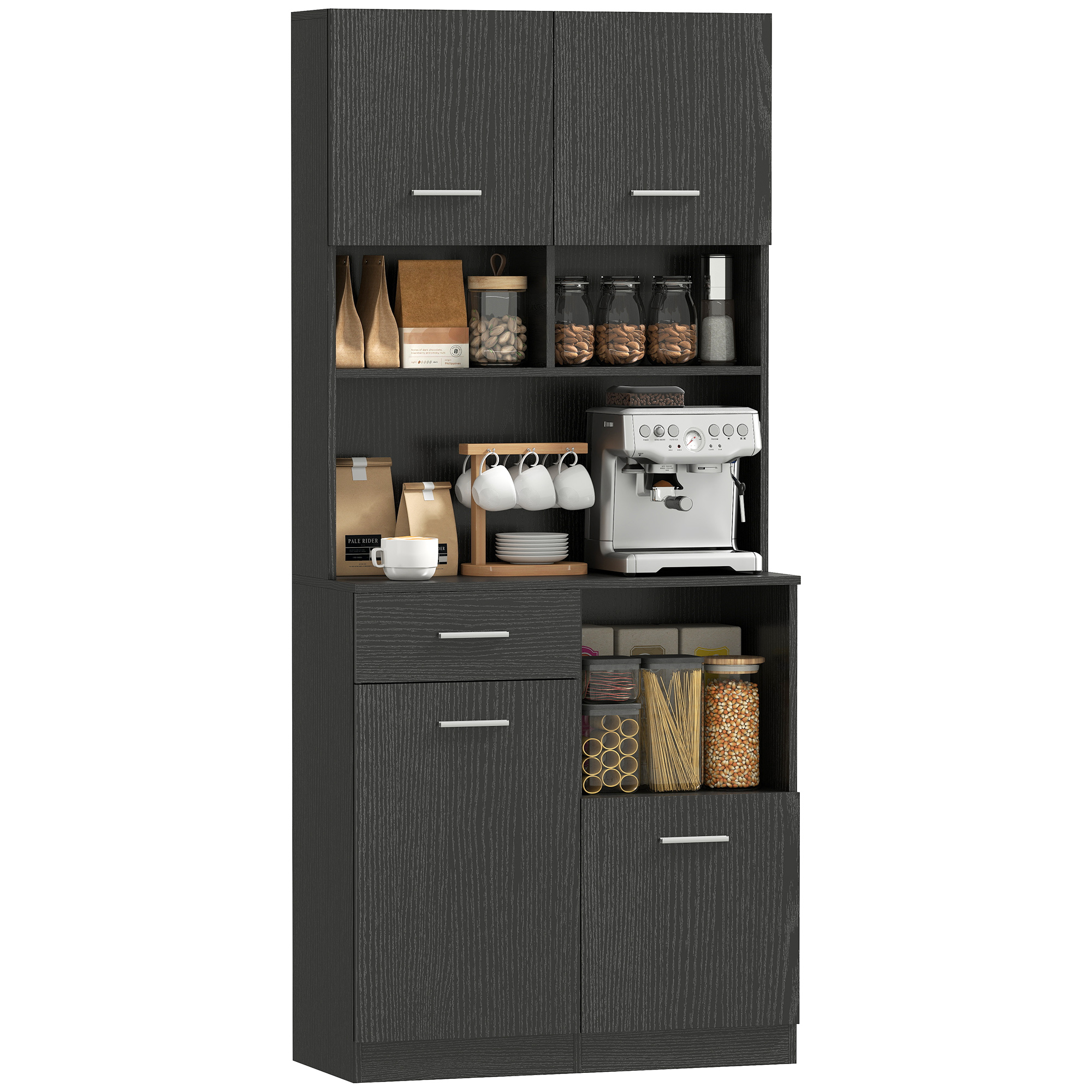 Hohes Küchenbuffet, Küchenschrank Mit 4 Türen Mit Soft-close-funktion, Schublade Und Verstellbaren Einlegeböden, Schwarz