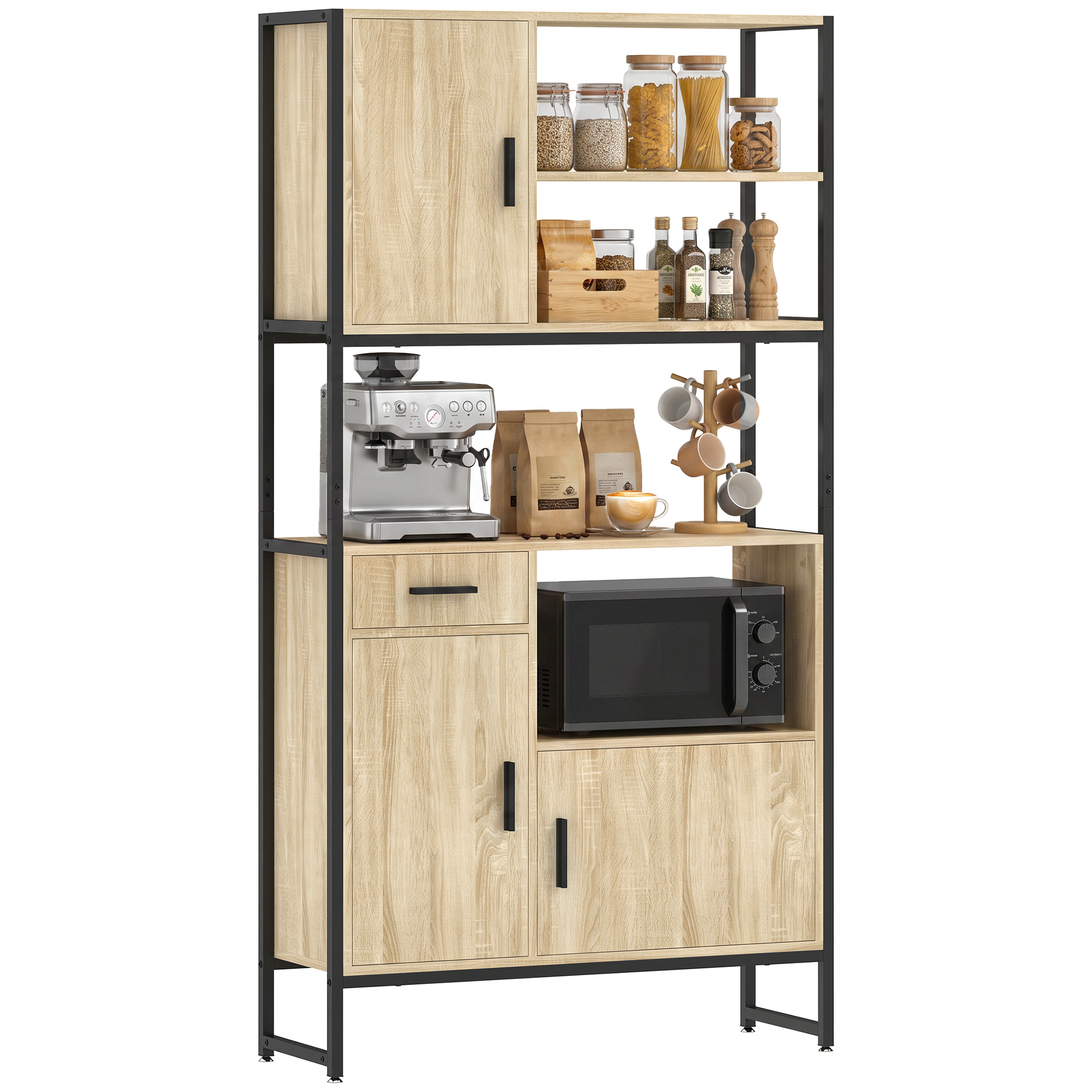 Hohes Küchenbuffet, Küchenschrank, 3 Türen Mit Soft-close-funktion, Schublade, Arbeitsplatte, Offene Regale, Natur