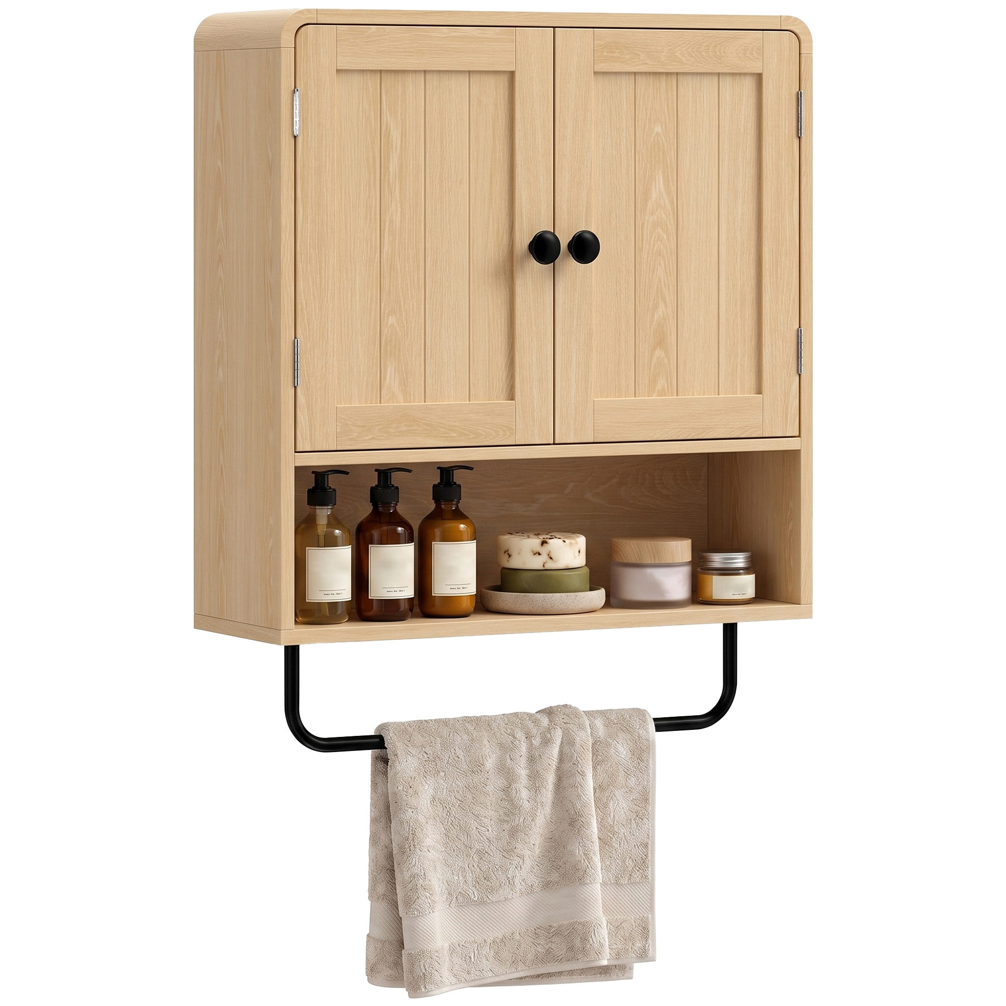 Badezimmer-wandschrank, Hängeschrank Mit 2 Türen, Offenem Regal, Handtuchhalter, Eiche
