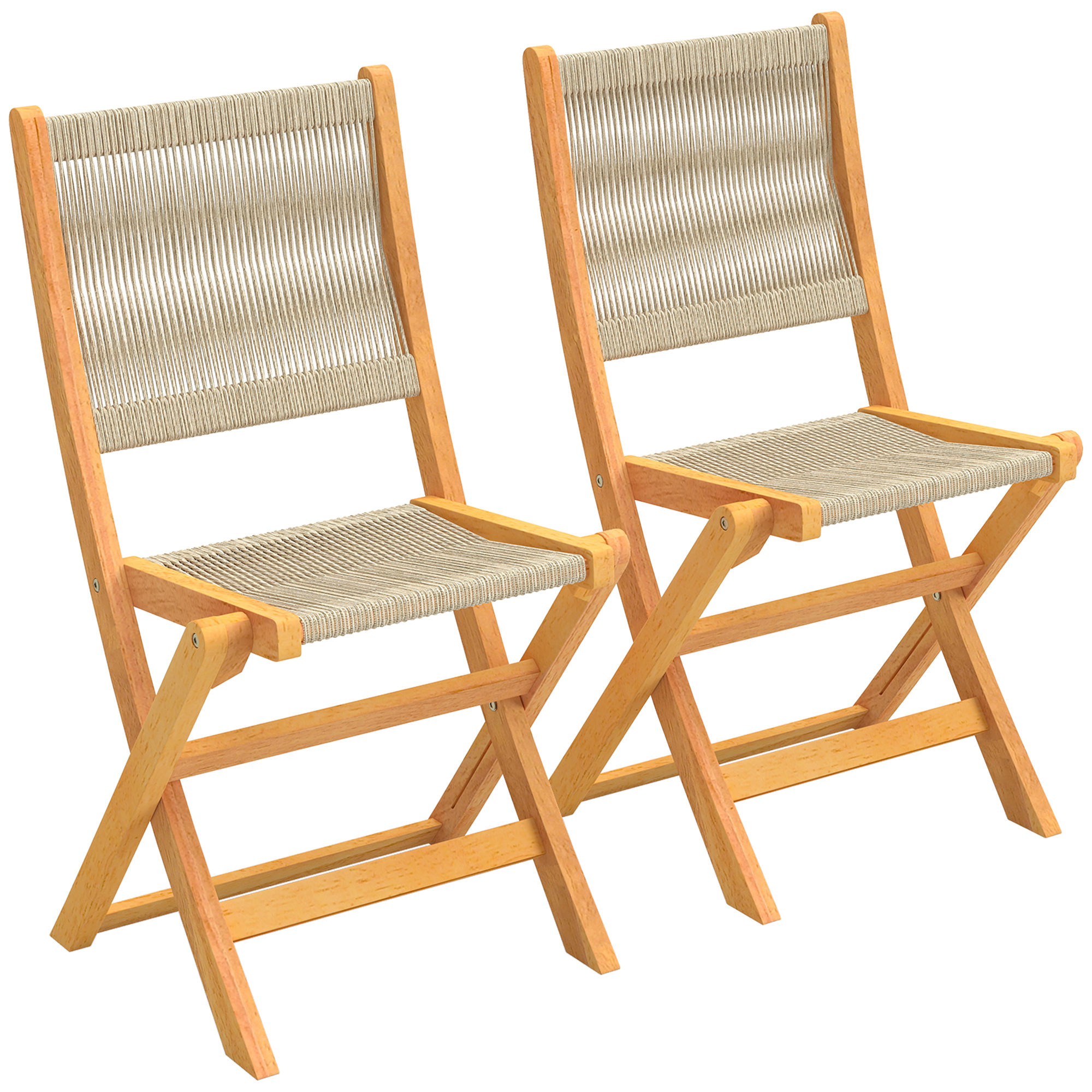Set Aus 2 Klappbaren Gartenstühlen, Balkonstühlen Aus Akazienholz Mit Sitzflächen Aus Naturfarbenem Und Beigefarbenem Geflochtenem Seil