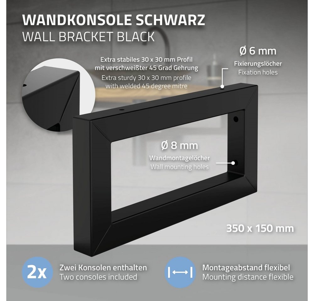 ML-Design 2Er Set Wandkonsole für Waschtisch 350 x 150 mm Schwarz Stahl Design Bild 3