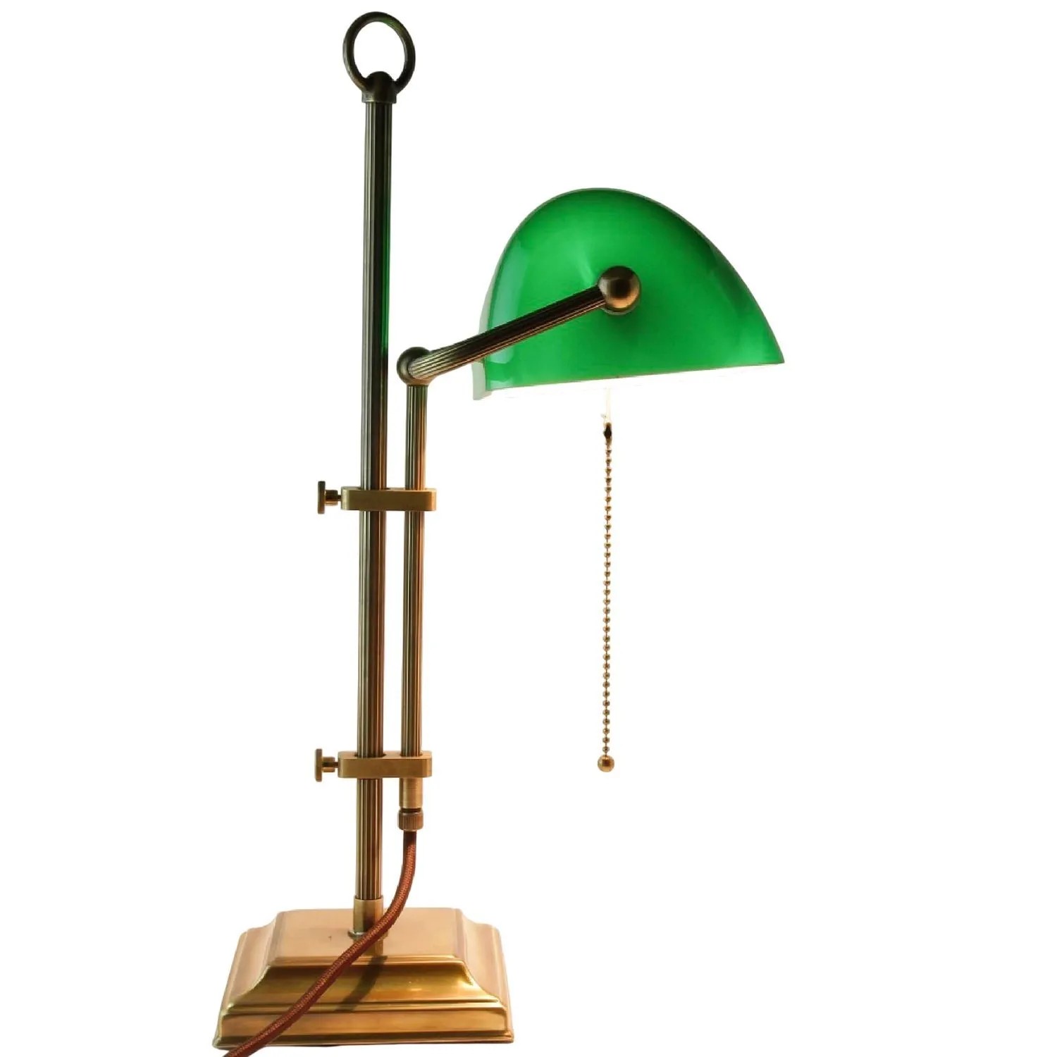 Licht-Erlebnisse Bankerlampe Grün Bronze 50 cm Hoch Messing Glas E27 Zugschalter
